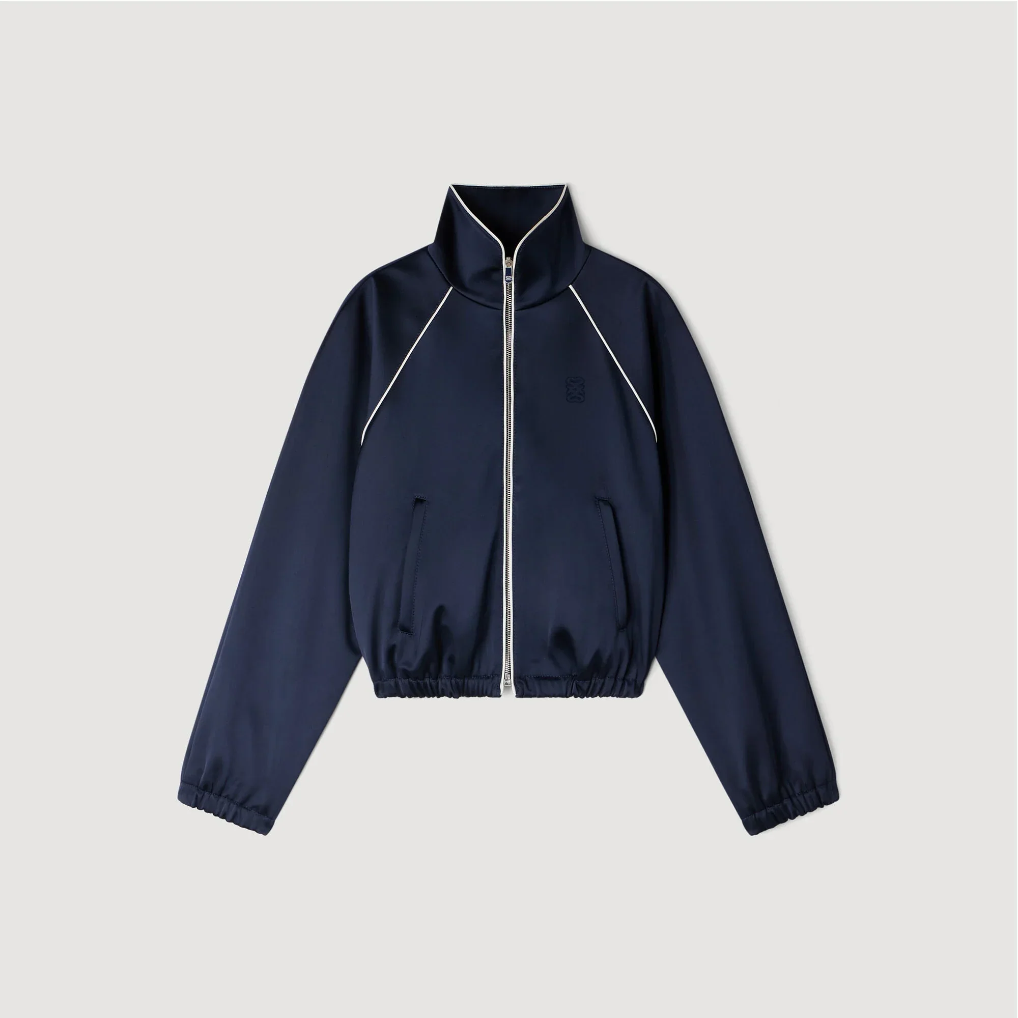 Lizy Embroidered Cropped Satin Jacket Navy / Black - Image 6