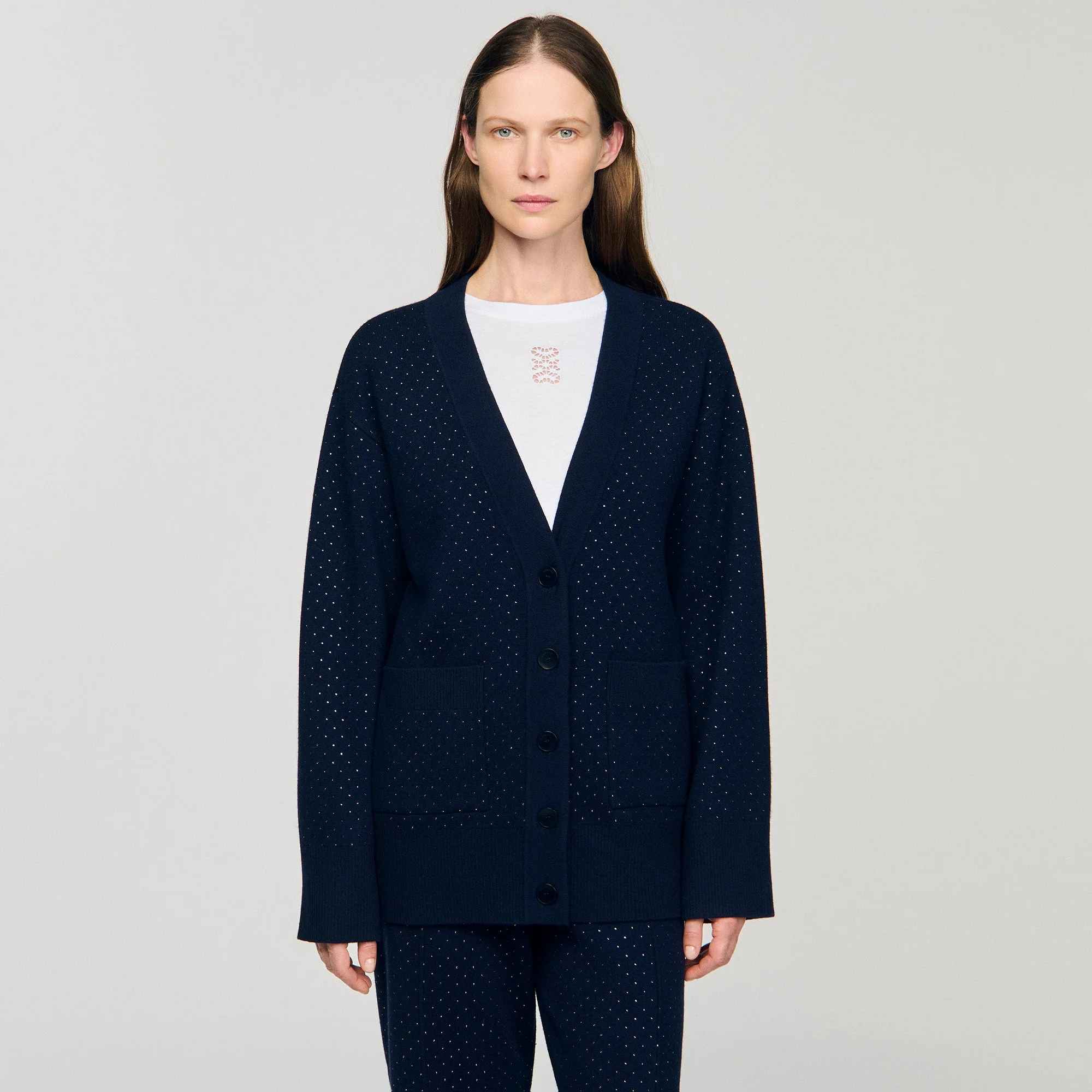 Vaddy Long Rhinestone Cardigan Navy Blue - Image 4