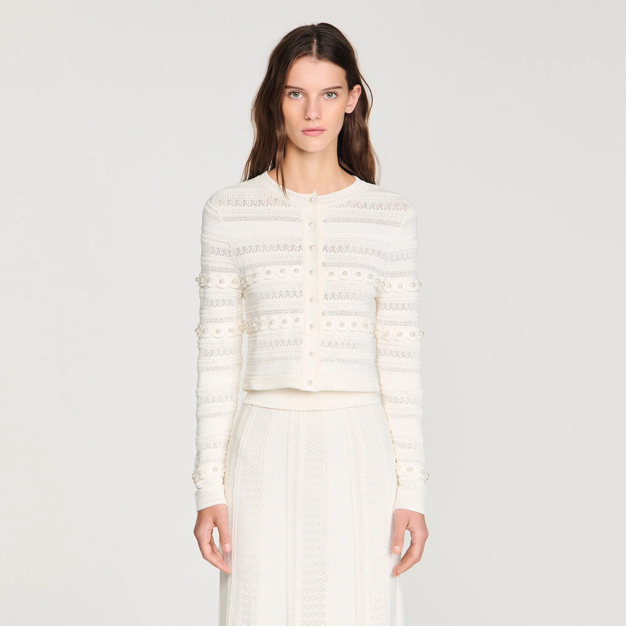 Laneo Pearl Textured Knit Cardigan Cream - Image 4