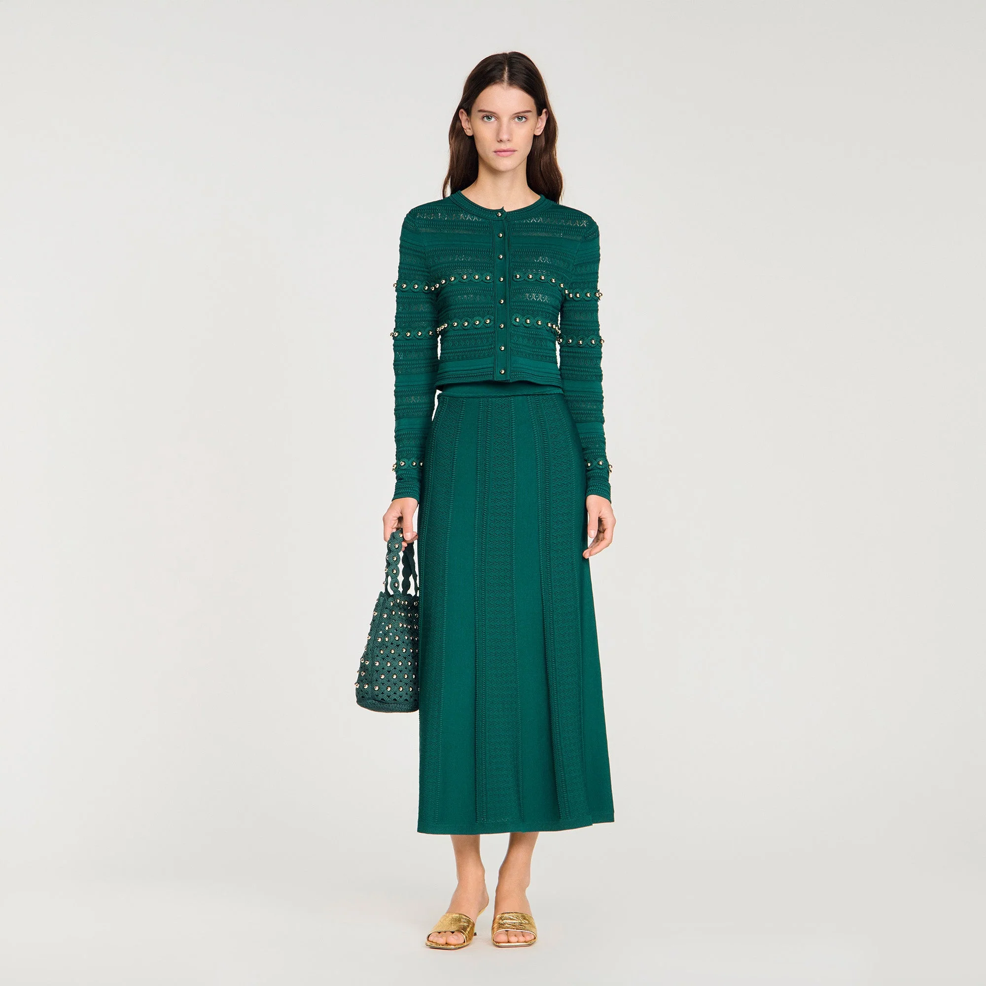 Laneo Pearl Textured Knit Cardigan Dark Green