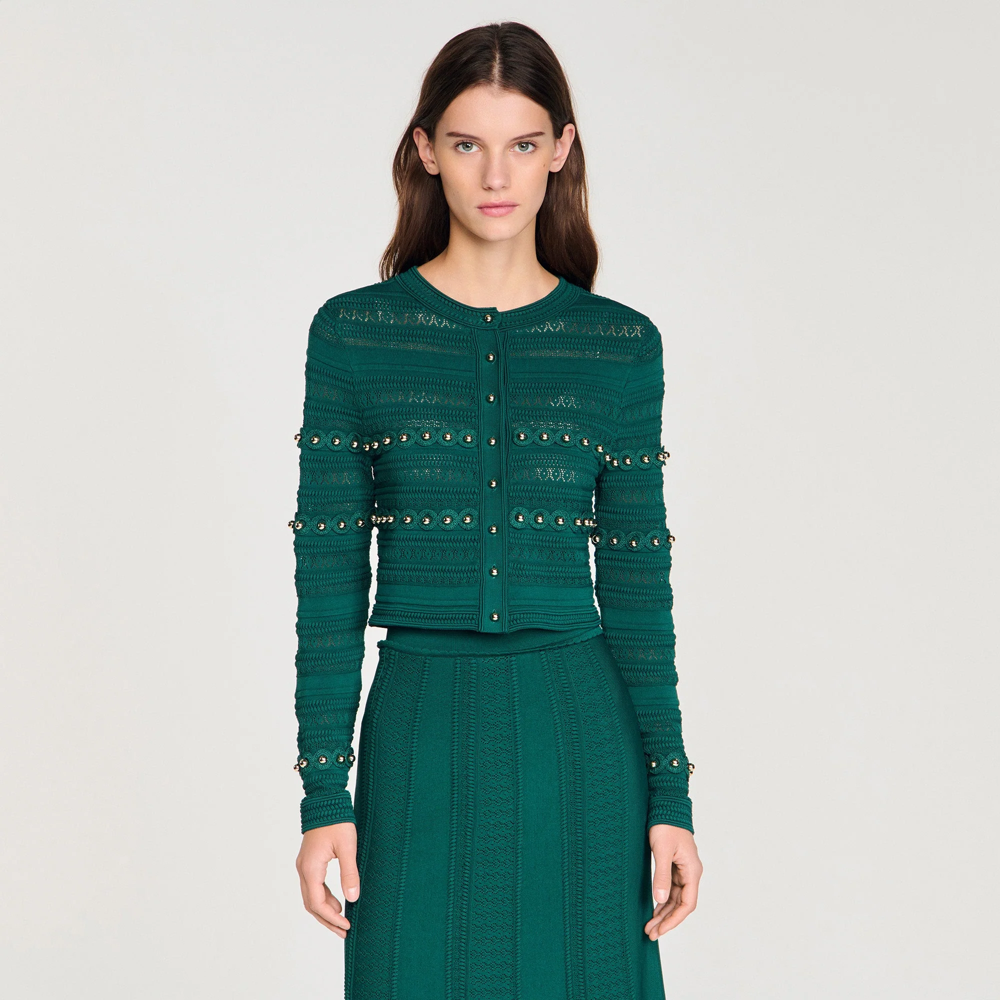 Laneo Pearl Textured Knit Cardigan Dark Green - Image 4