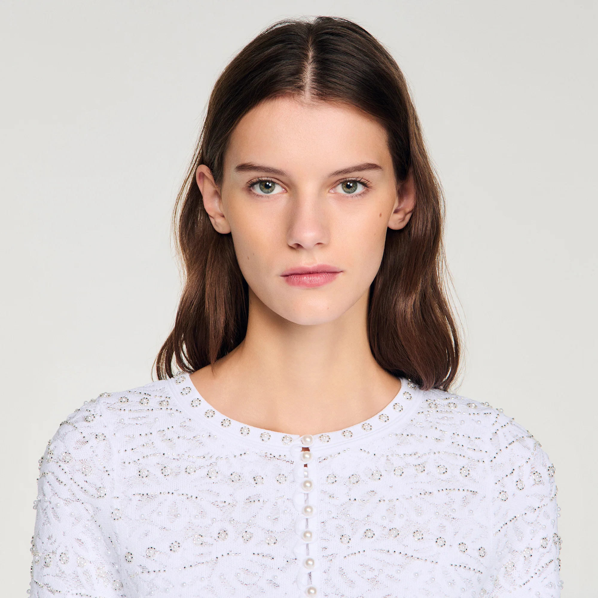 Leva Cropped Pearled Cardigan White - Image 3