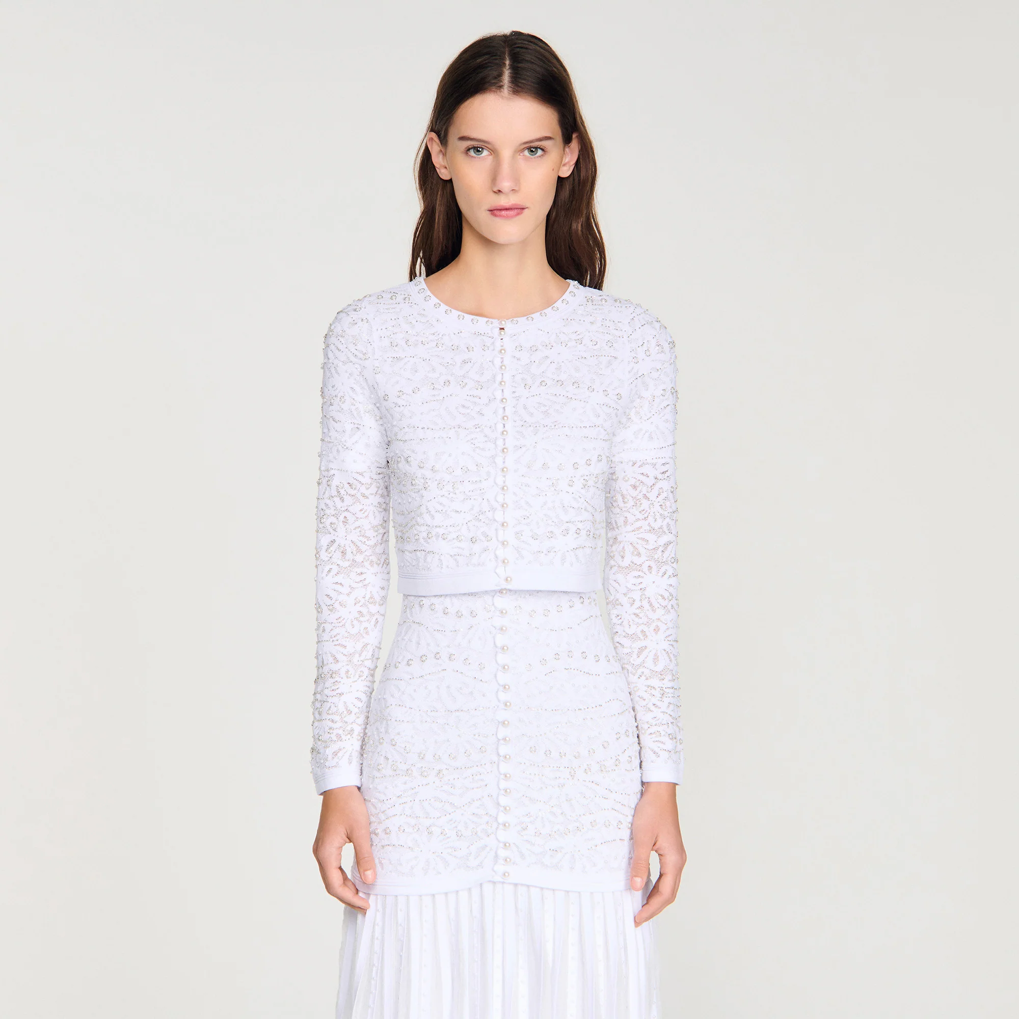 Leva Cropped Pearled Cardigan White - Image 4