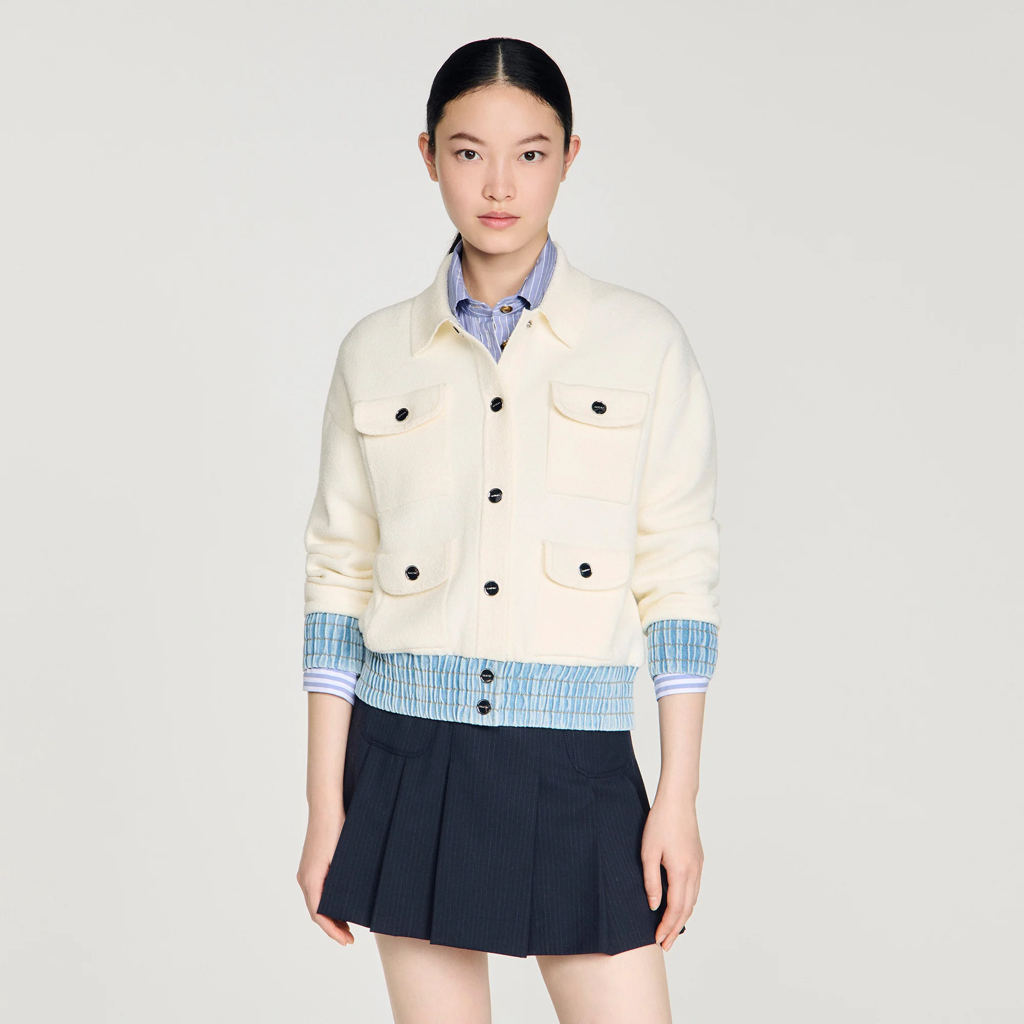Madeen Cardigan With Denim Details Ecru - Image 4