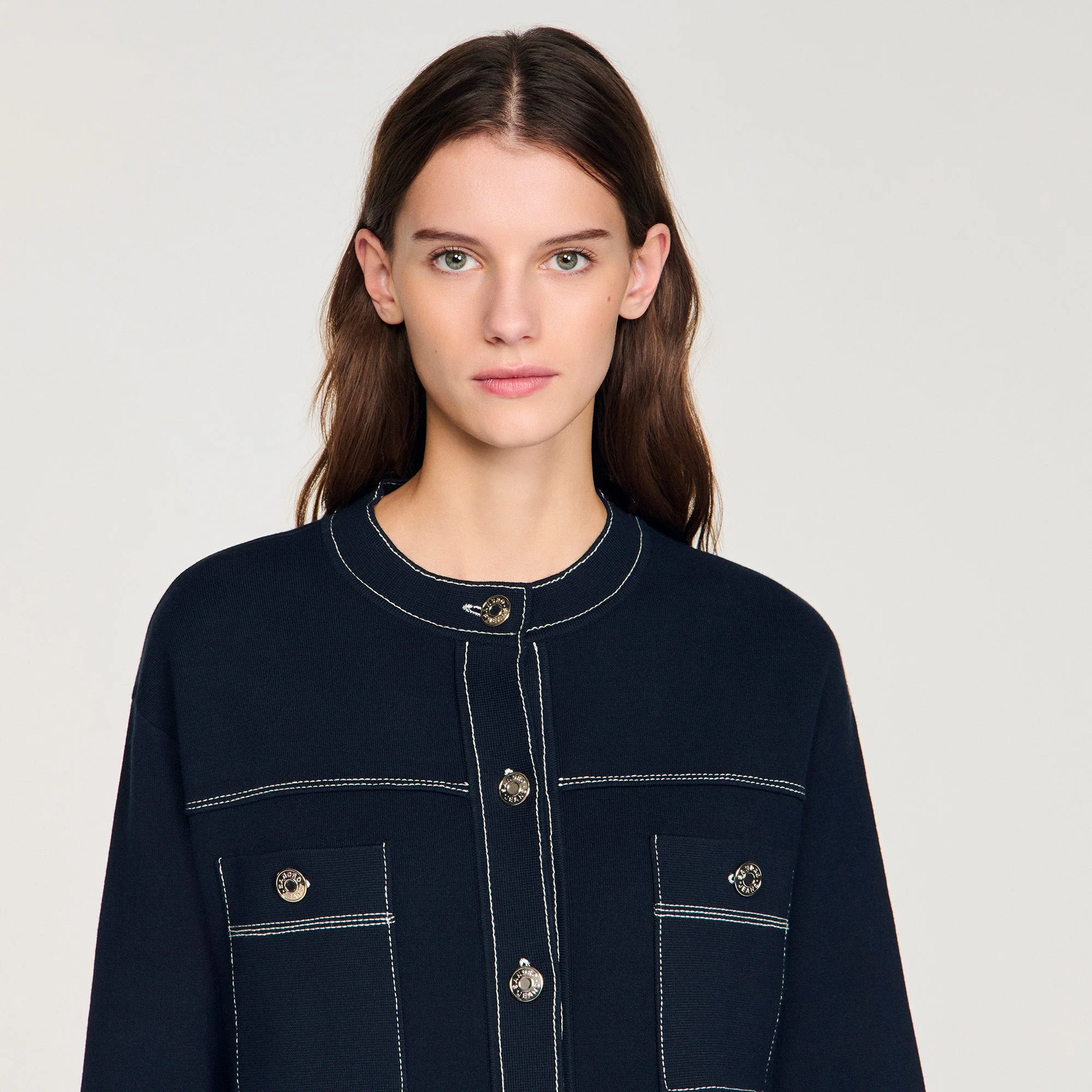 Brooklyn Contrast Stitch Cardigan Navy Blue - Image 3