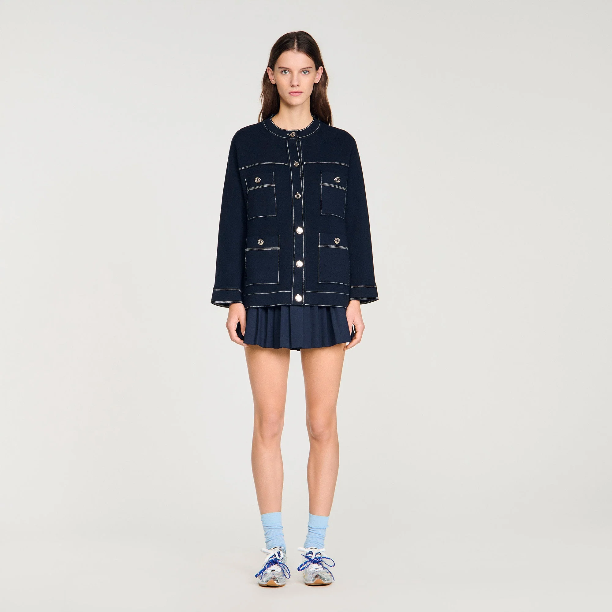 Brooklyn Contrast Stitch Cardigan Navy Blue - Image 4