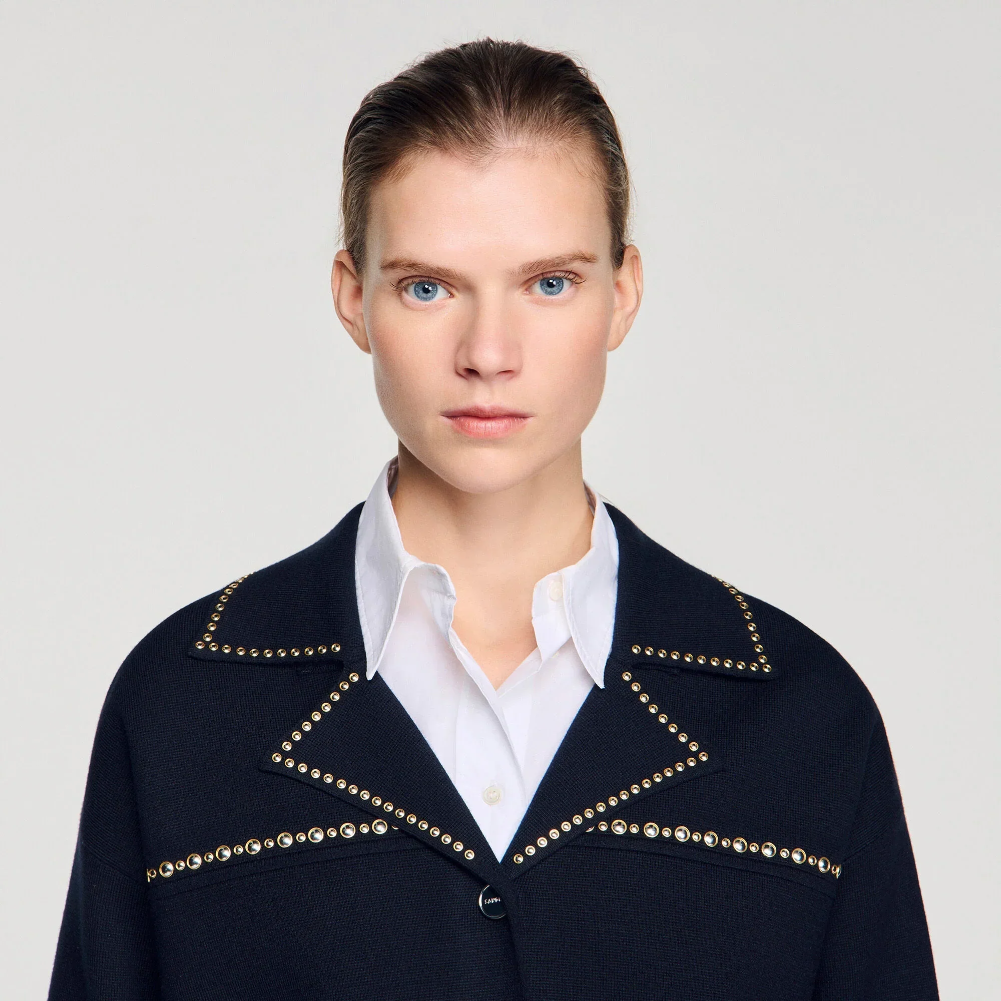 Truman Studded Blazer Collar Cardigan Navy Blue - Image 3