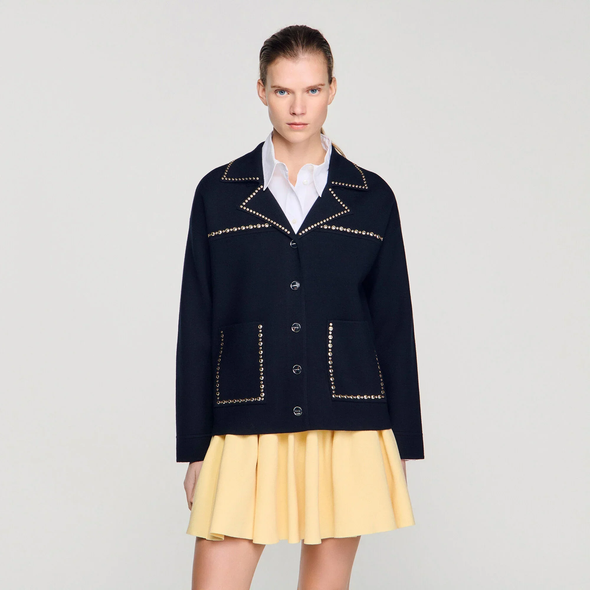 Truman Studded Blazer Collar Cardigan Navy Blue - Image 4