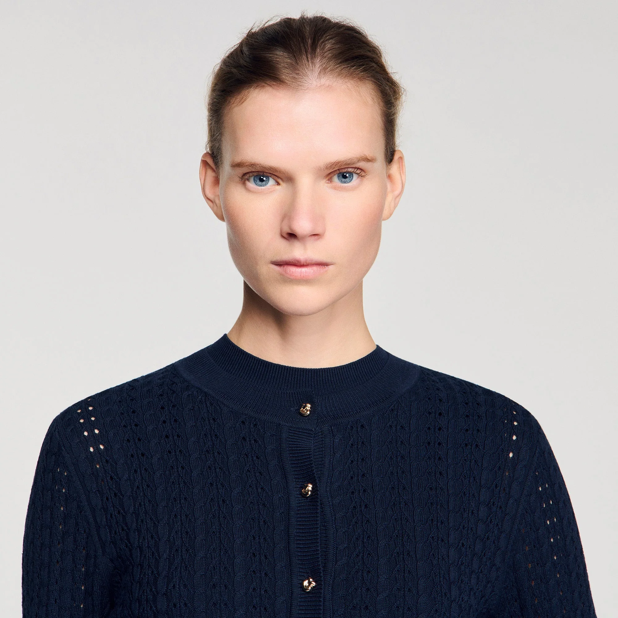 Flavio Cropped Textured Knit Cardigan Navy Blue - Image 3