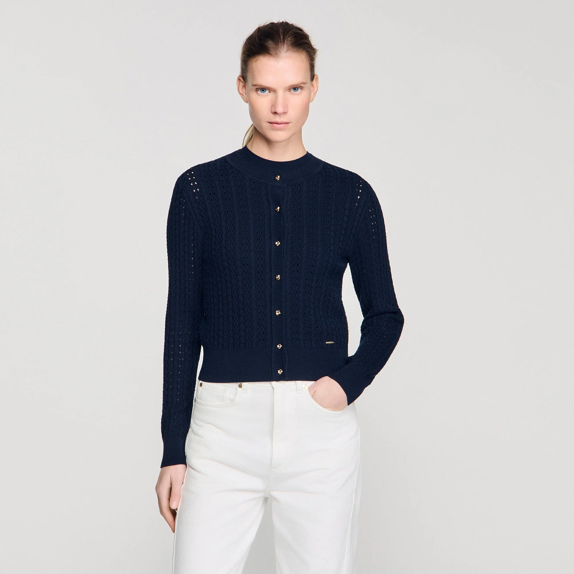 Flavio Cropped Textured Knit Cardigan Navy Blue - Image 4