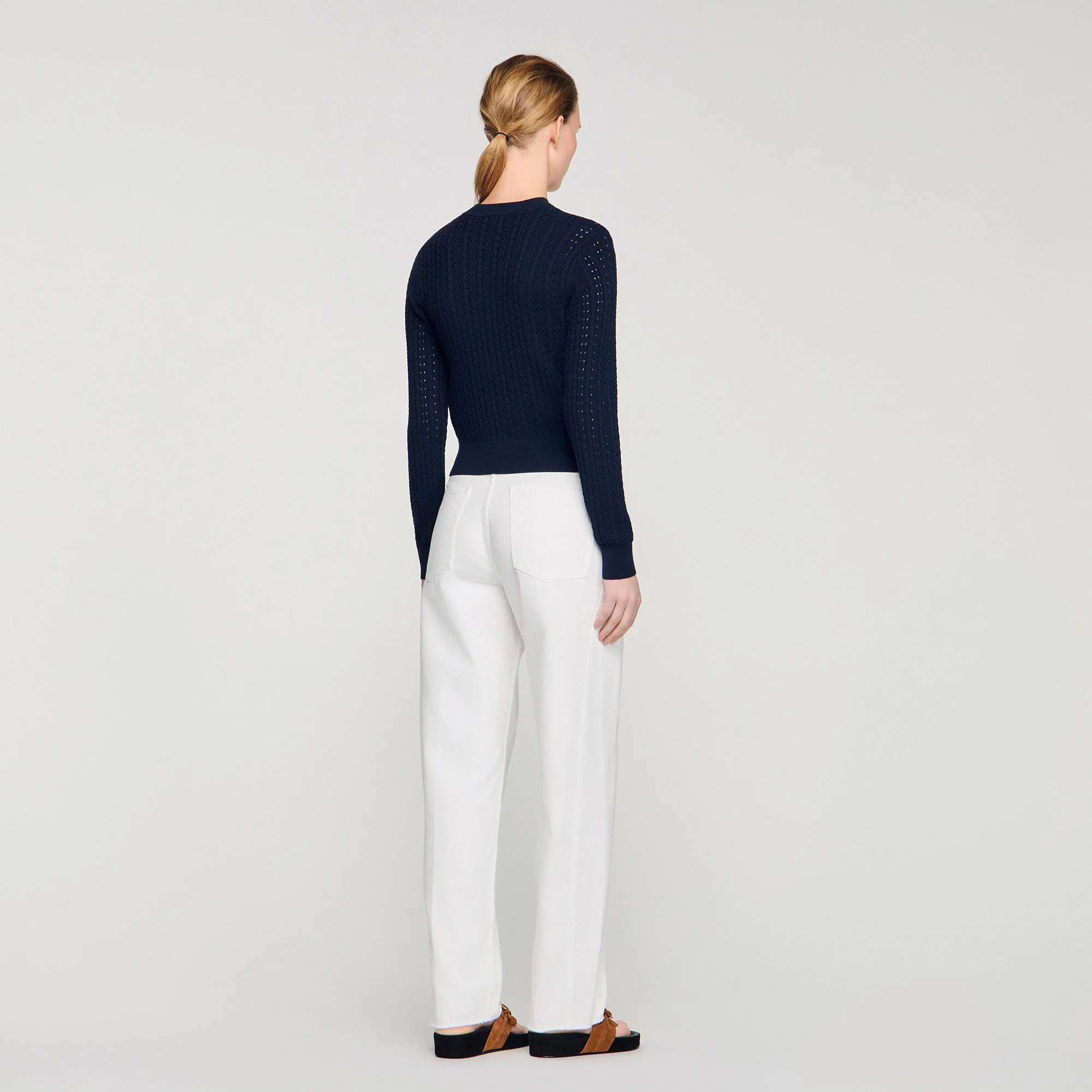 Flavio Cropped Textured Knit Cardigan Navy Blue - Image 5