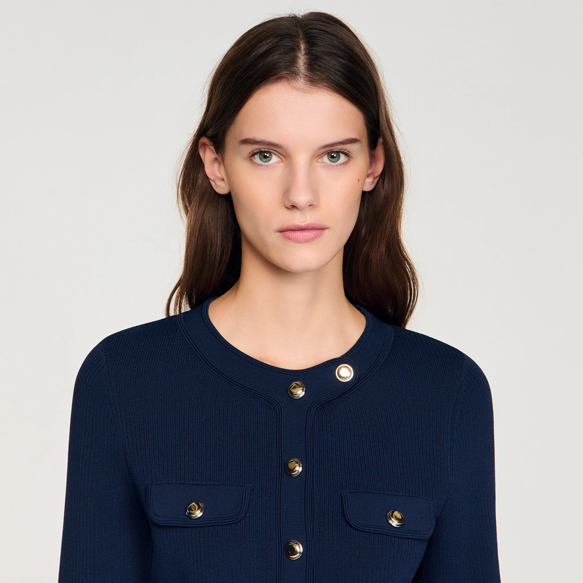 Claudie Cropped Rib Knit Cardigan Navy Blue - Image 3