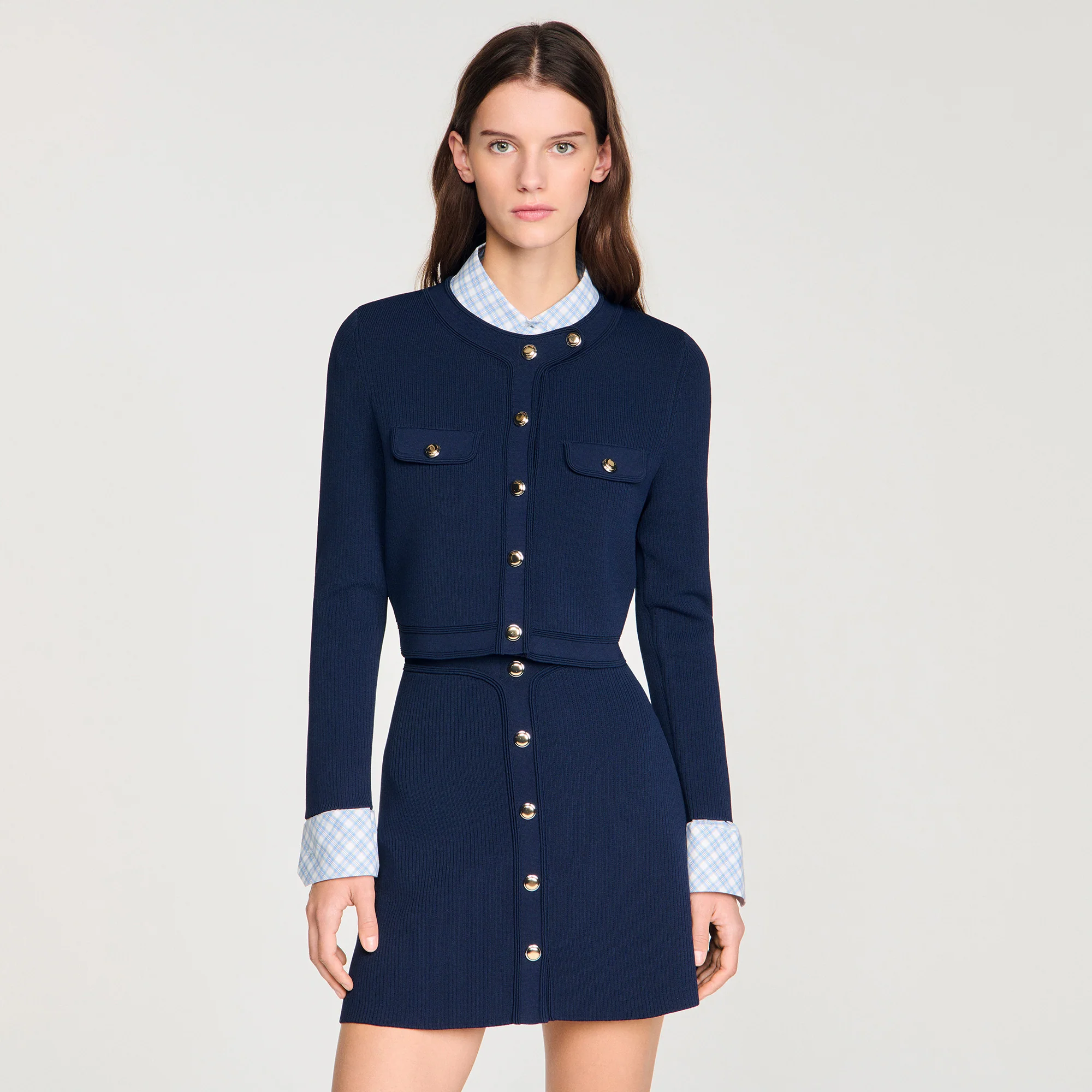 Claudie Cropped Rib Knit Cardigan Navy Blue - Image 4