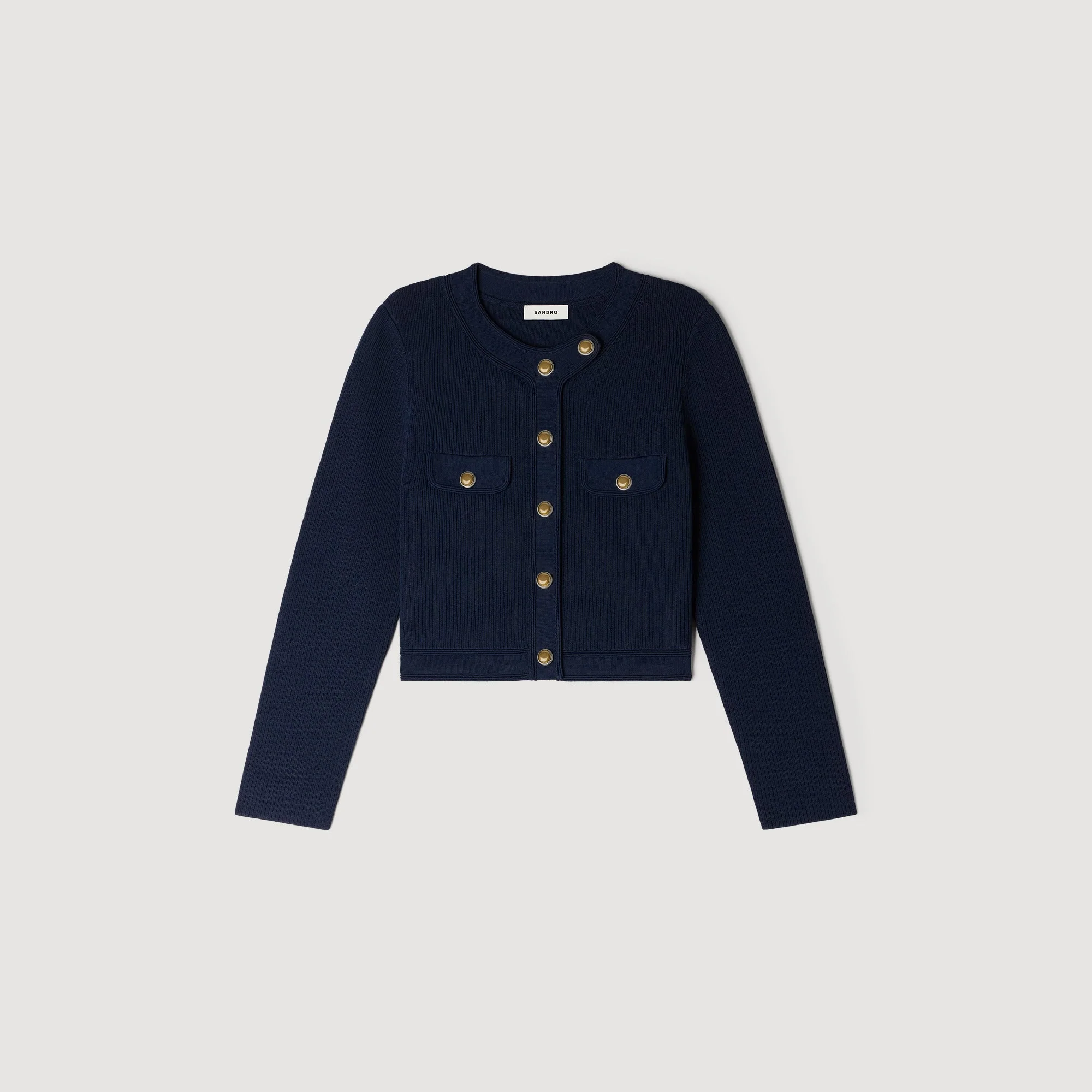 Claudie Cropped Rib Knit Cardigan Navy Blue - Image 6