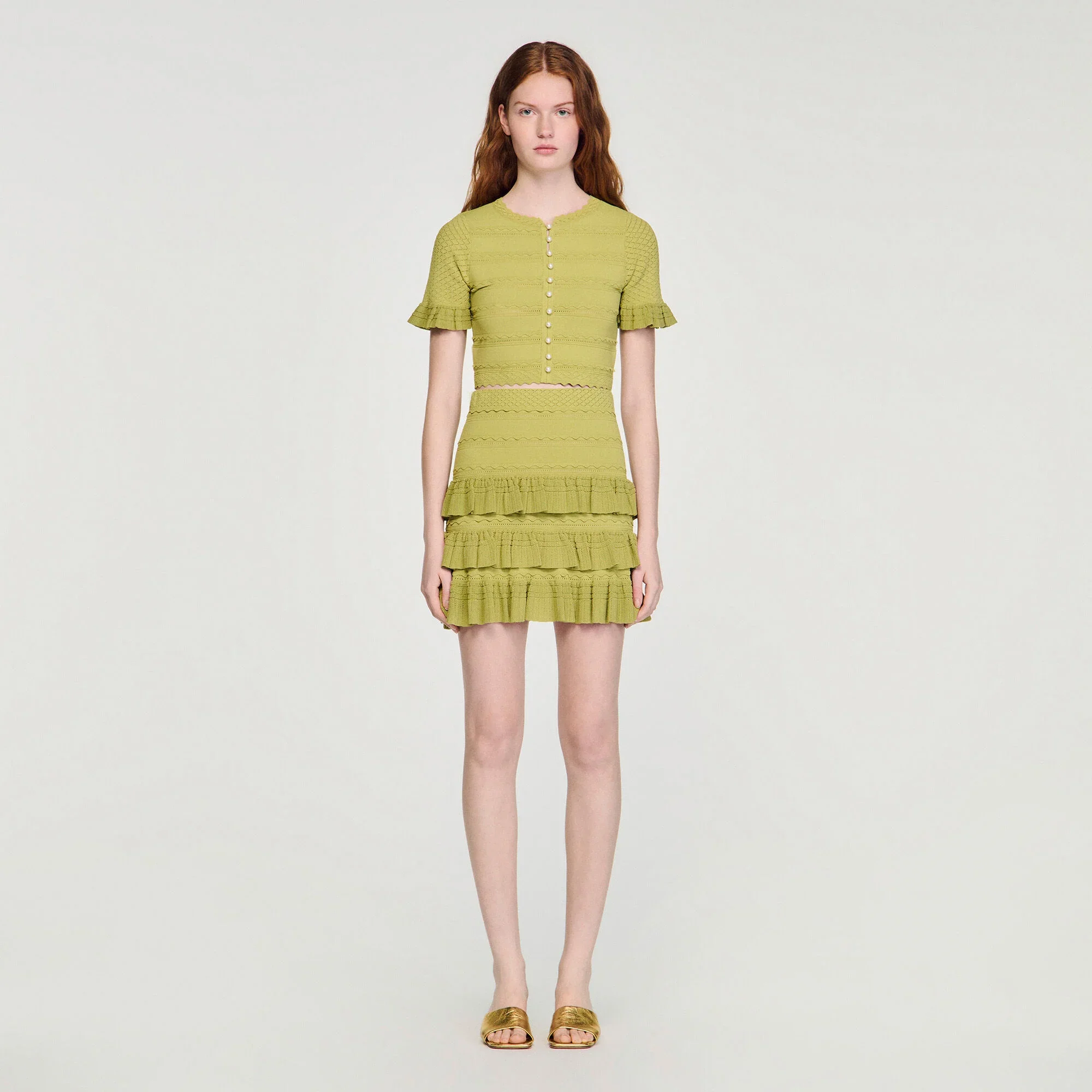 Elena Cropped Ruffled-Sleeve Cardigan Green - Image 2
