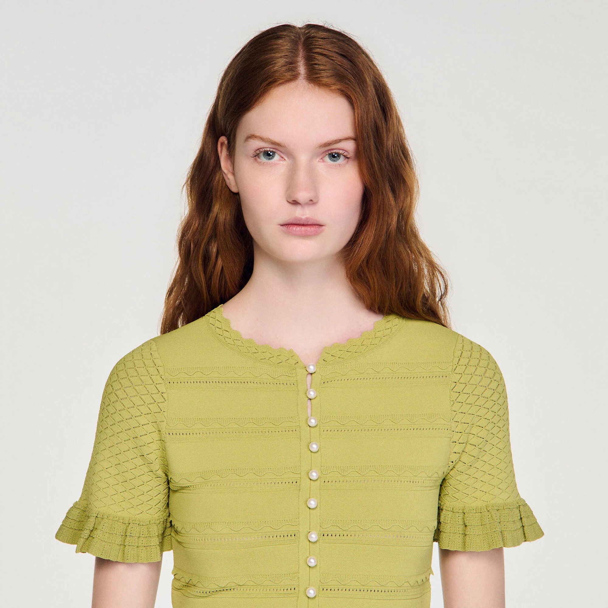 Elena Cropped Ruffled-Sleeve Cardigan Green - Image 3