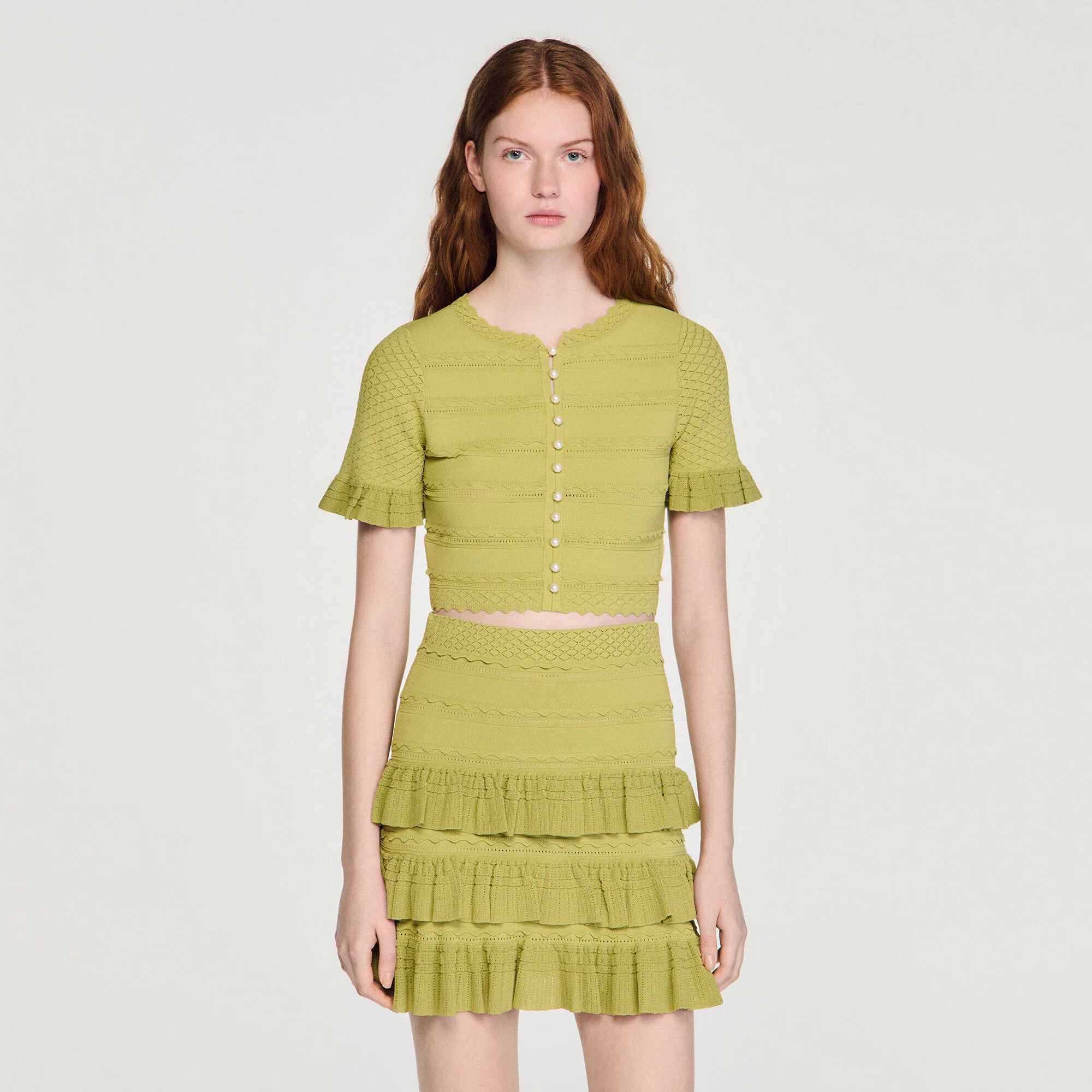 Elena Cropped Ruffled-Sleeve Cardigan Green - Image 4