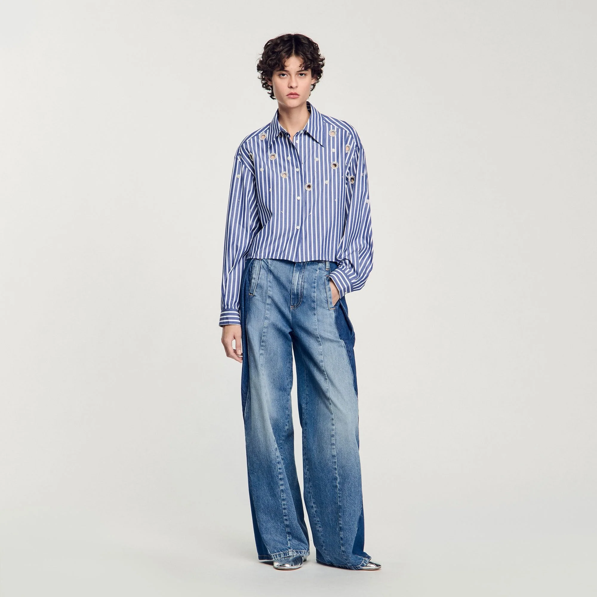 Agathe Rhinestone Pearl Beaded Striped Shirt Blue