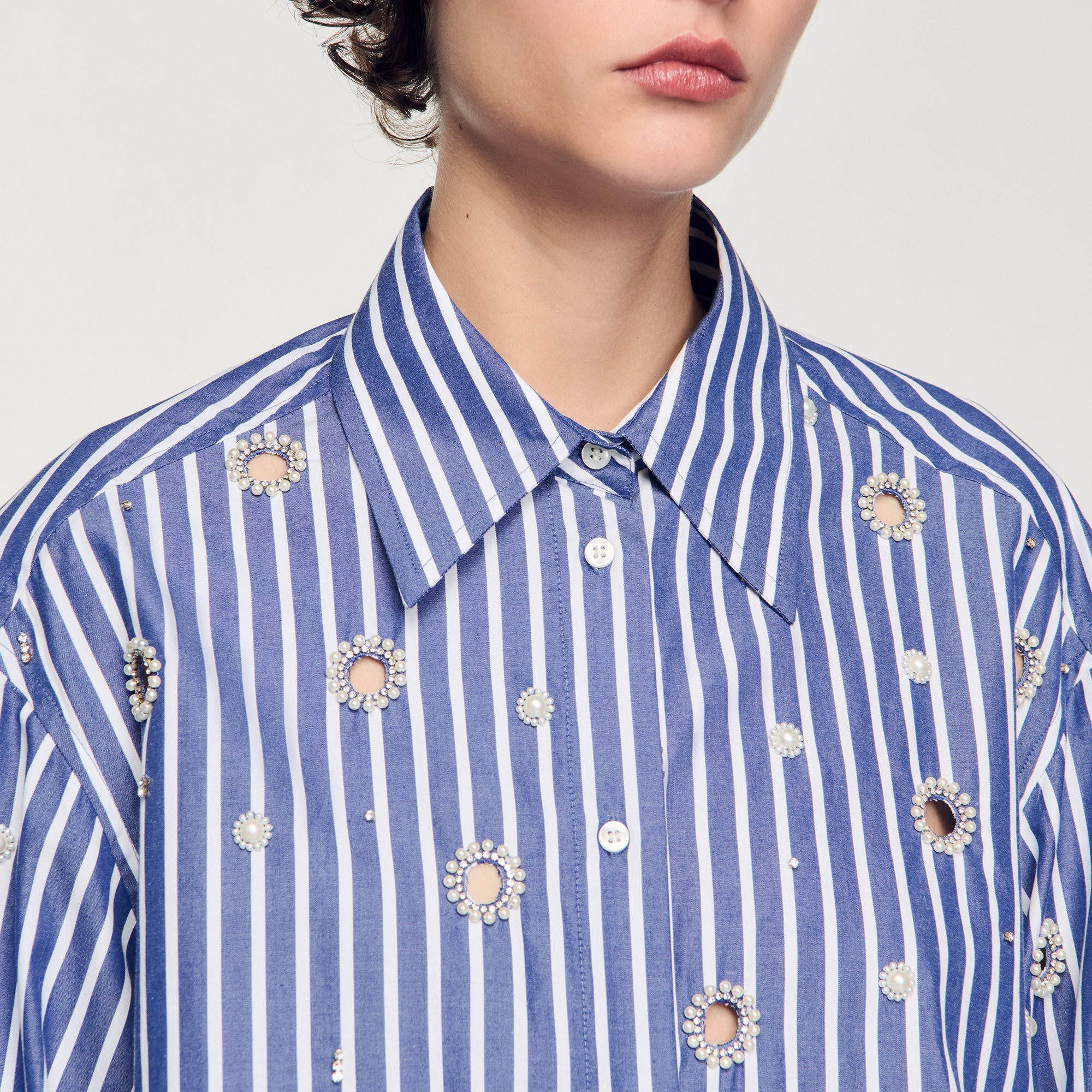 Agathe Rhinestone Pearl Beaded Striped Shirt Blue - Image 3