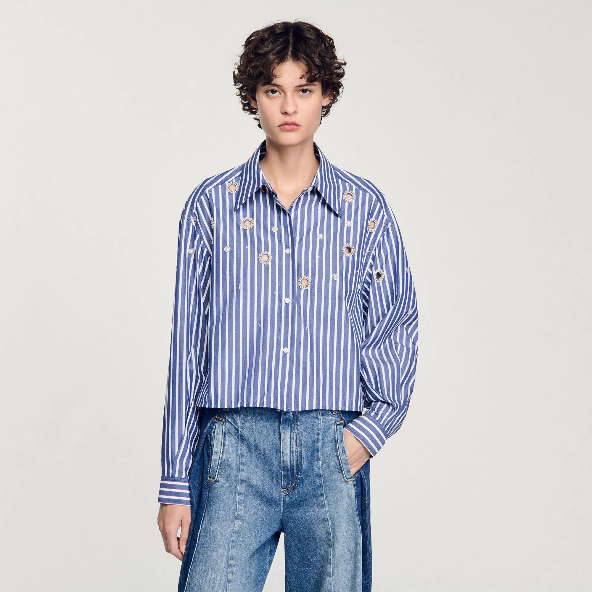 Agathe Rhinestone Pearl Beaded Striped Shirt Blue - Image 4