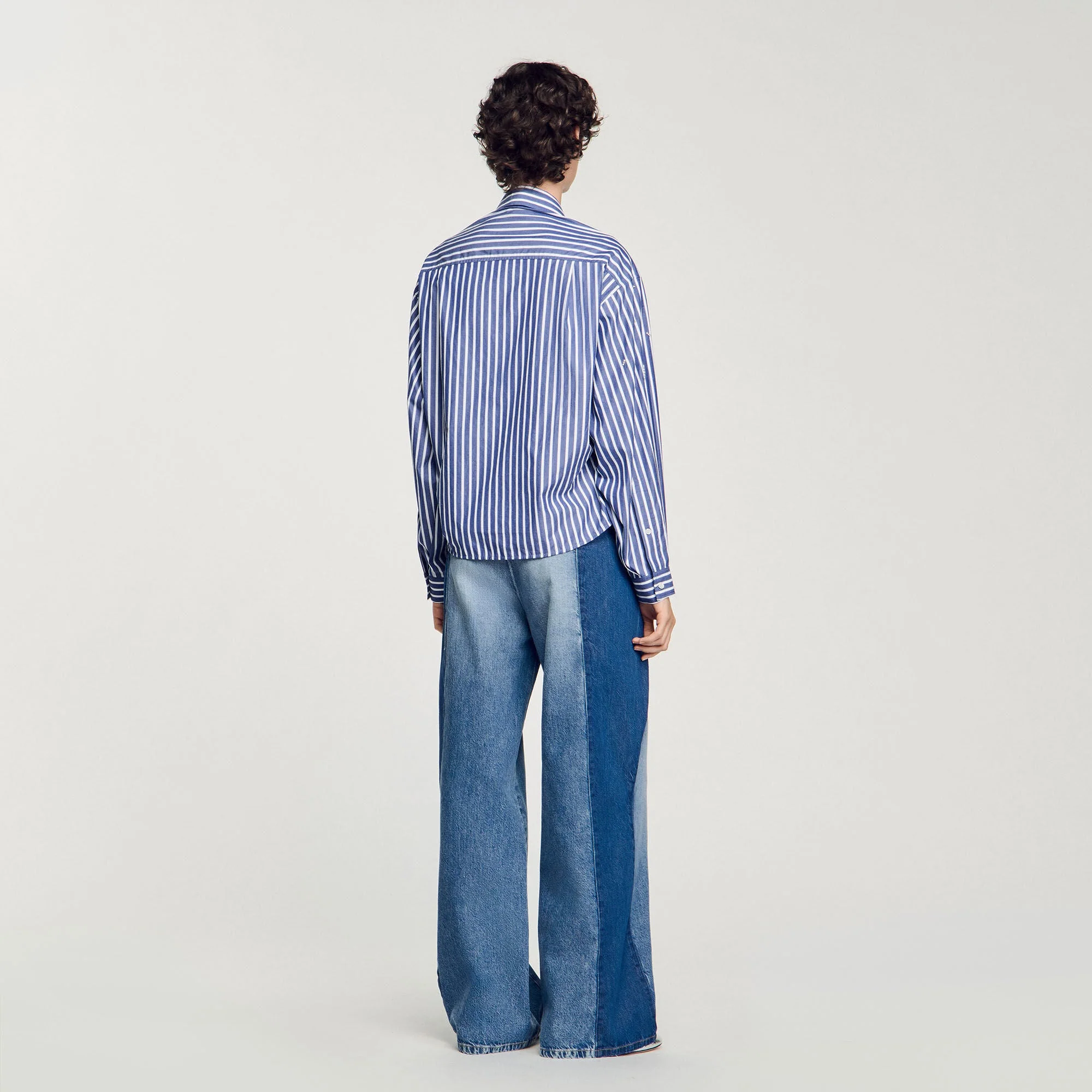 Agathe Rhinestone Pearl Beaded Striped Shirt Blue - Image 5