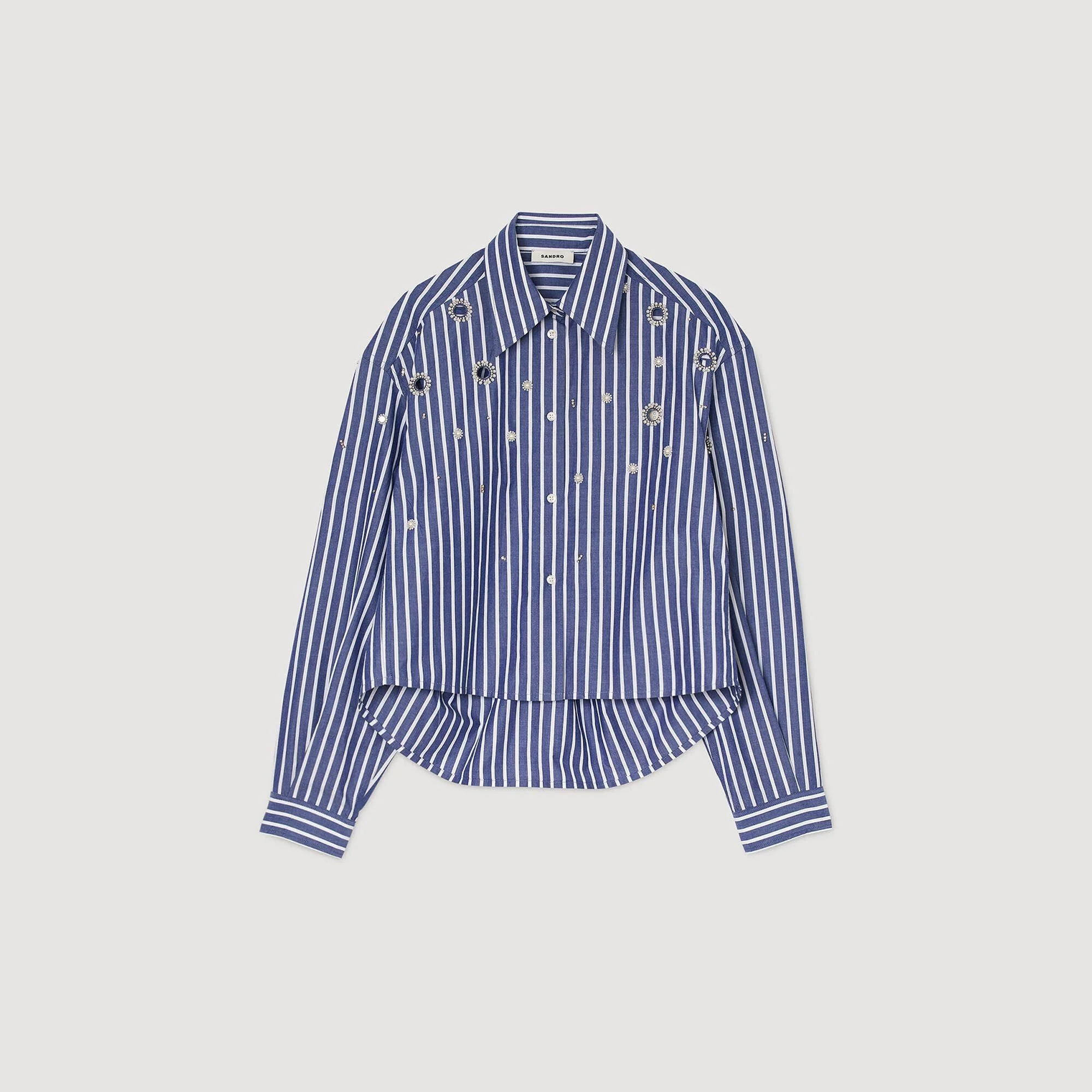 Agathe Rhinestone Pearl Beaded Striped Shirt Blue - Image 6