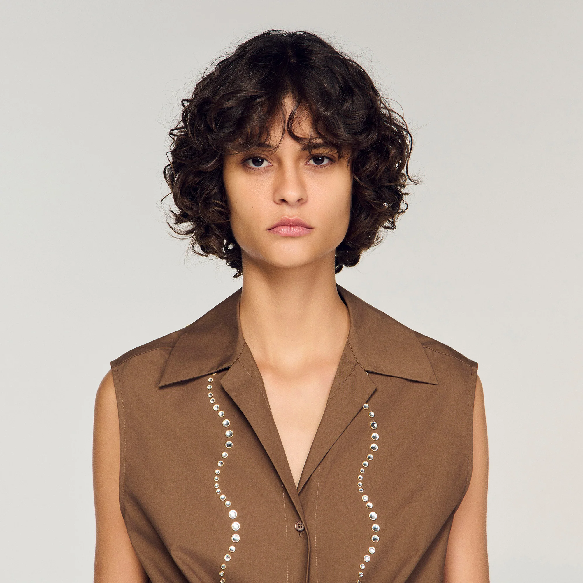 Tel Rhinestone Cropped Shirt Brown - Image 3