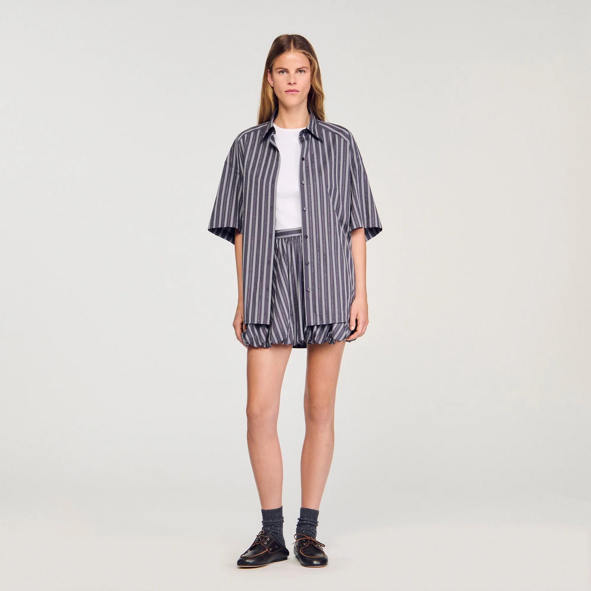 Midnight Oversized Striped Rhinestone Shirt Grey
