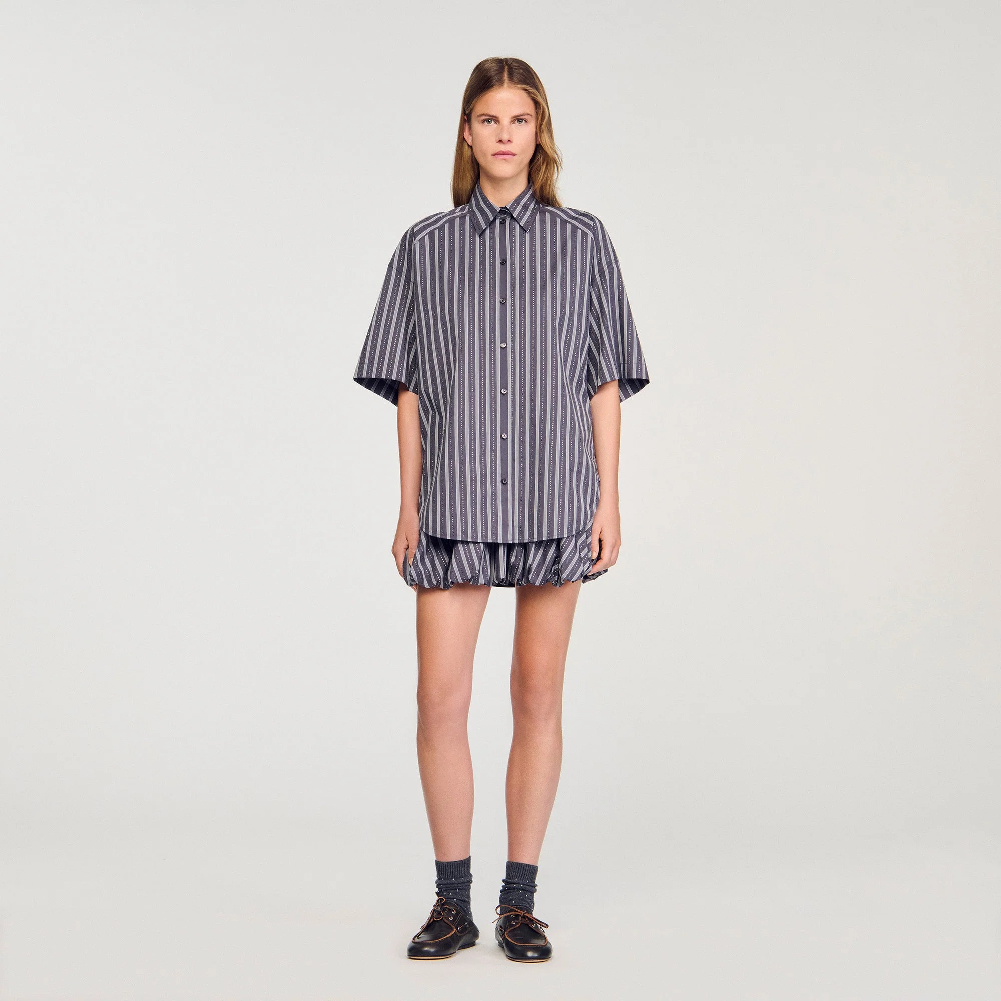 Midnight Oversized Striped Rhinestone Shirt Grey - Image 2