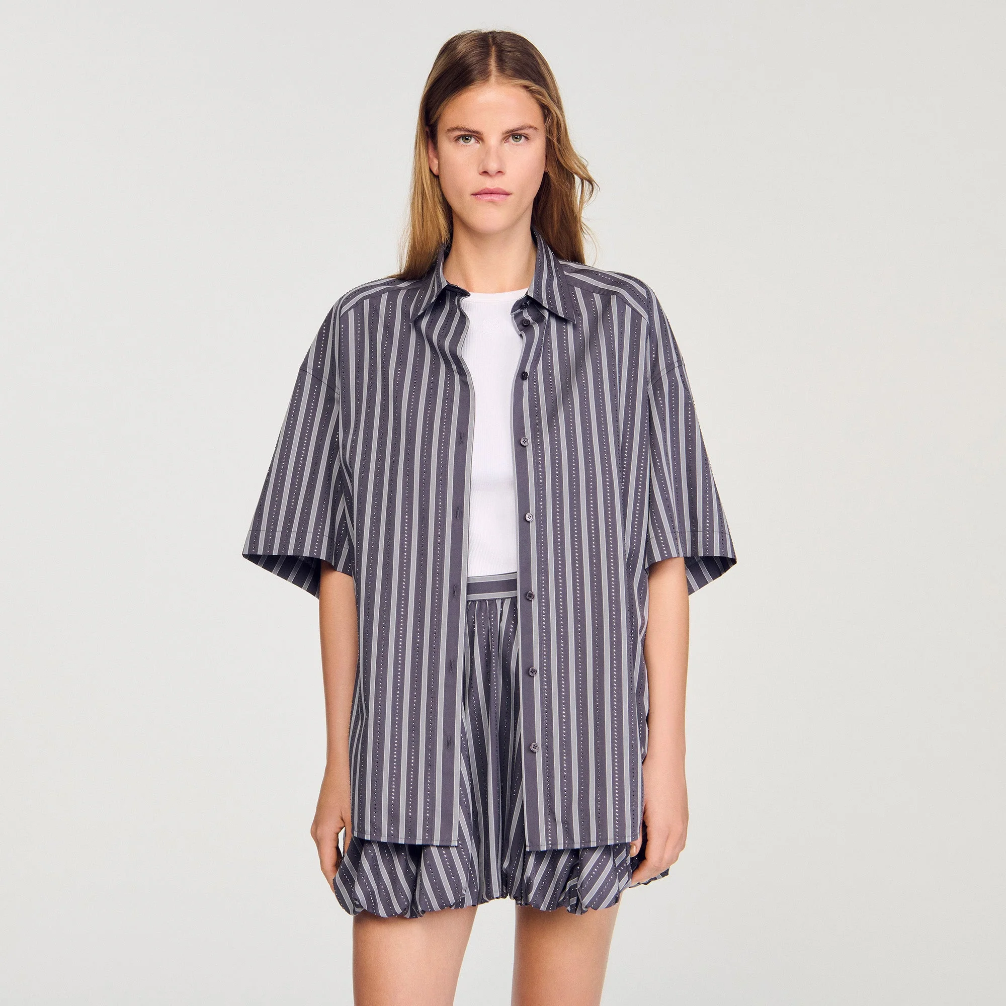 Midnight Oversized Striped Rhinestone Shirt Grey - Image 4