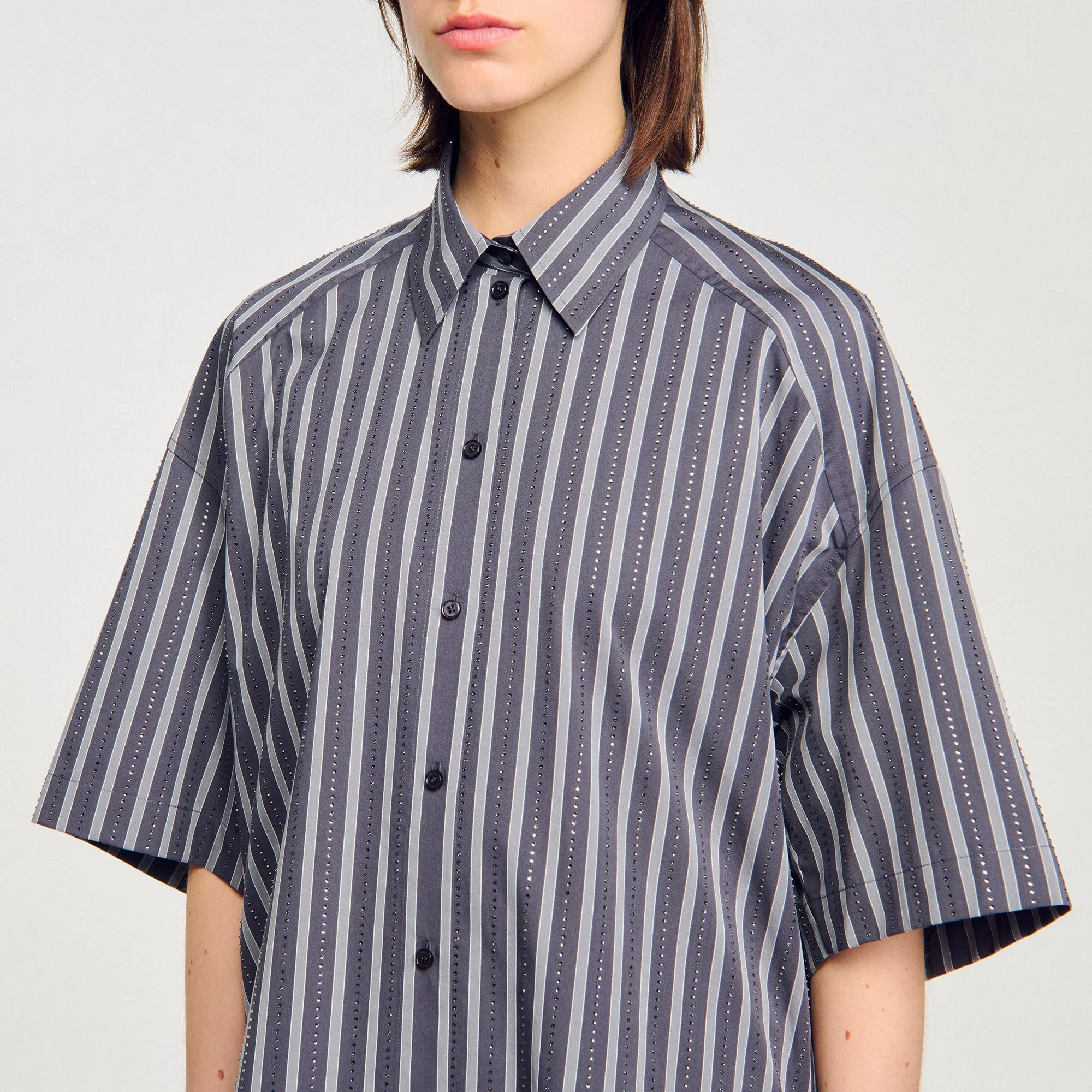 Midnight Oversized Striped Rhinestone Shirt Grey - Image 5