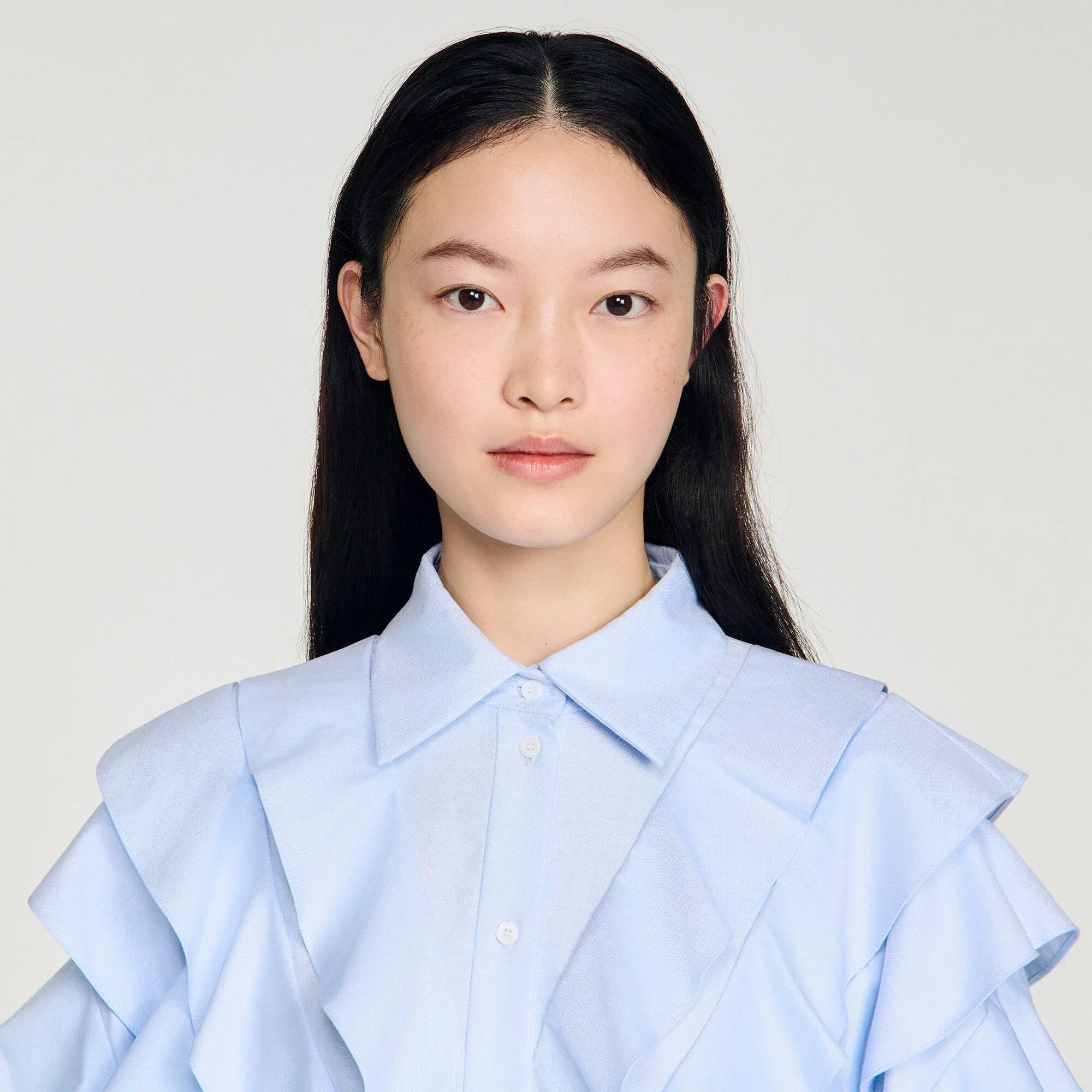 Flamenco Ruffled Cotton Shirt Sky Blue - Image 3