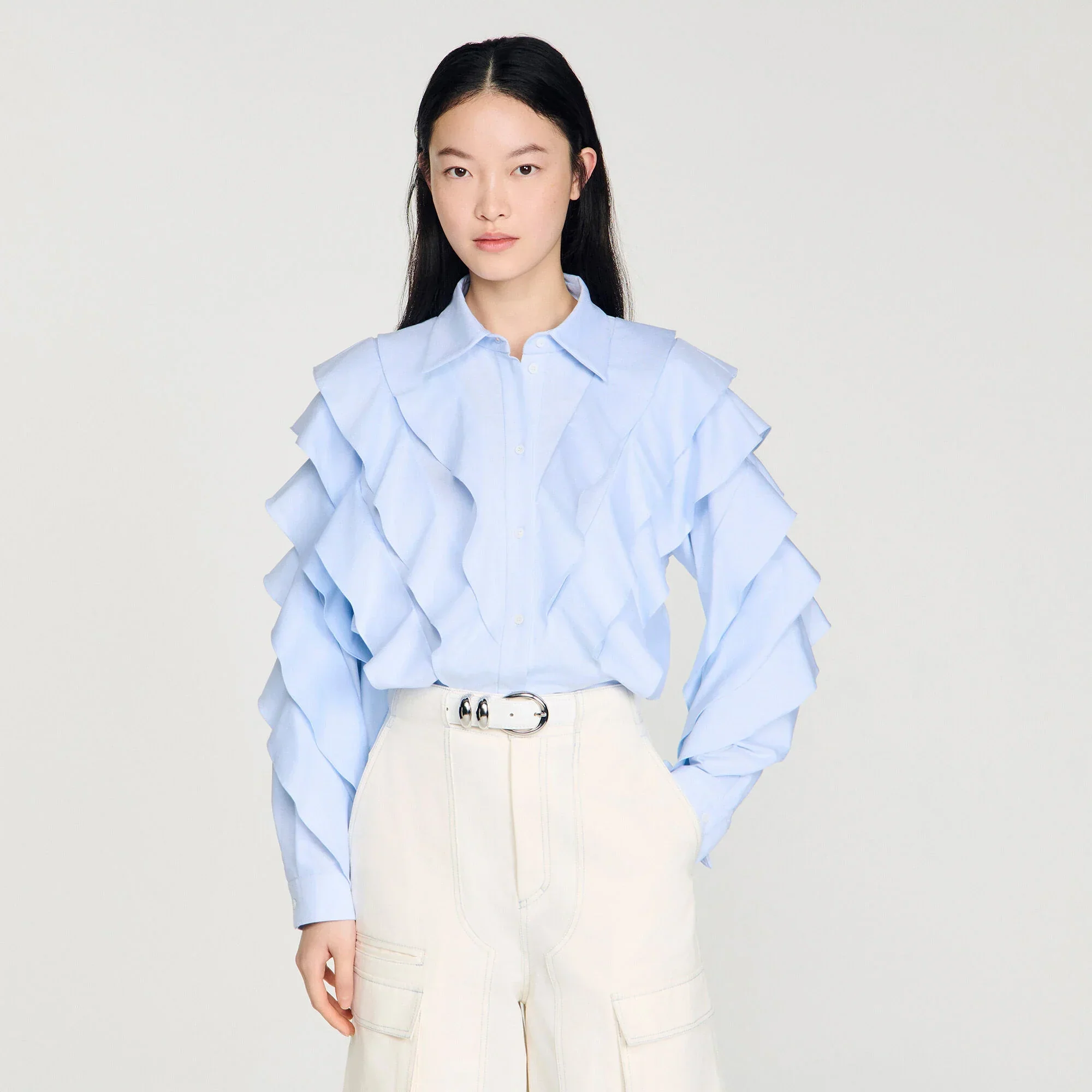 Flamenco Ruffled Cotton Shirt Sky Blue - Image 4
