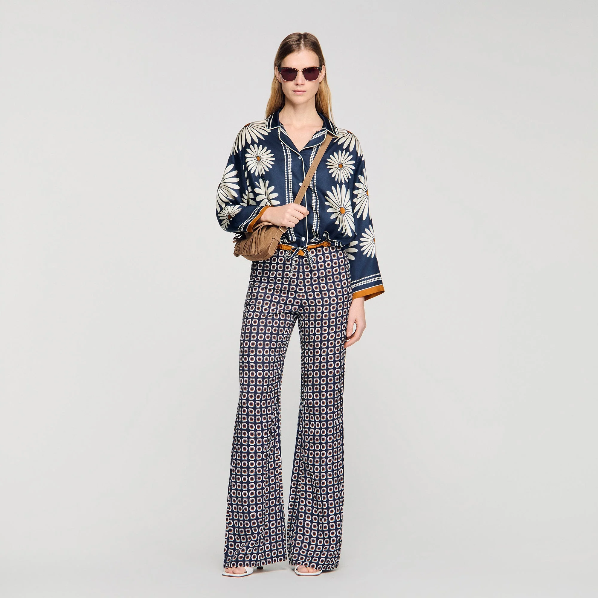 Dahlia Floral Print Silk Shirt Deep Blue / Ocher