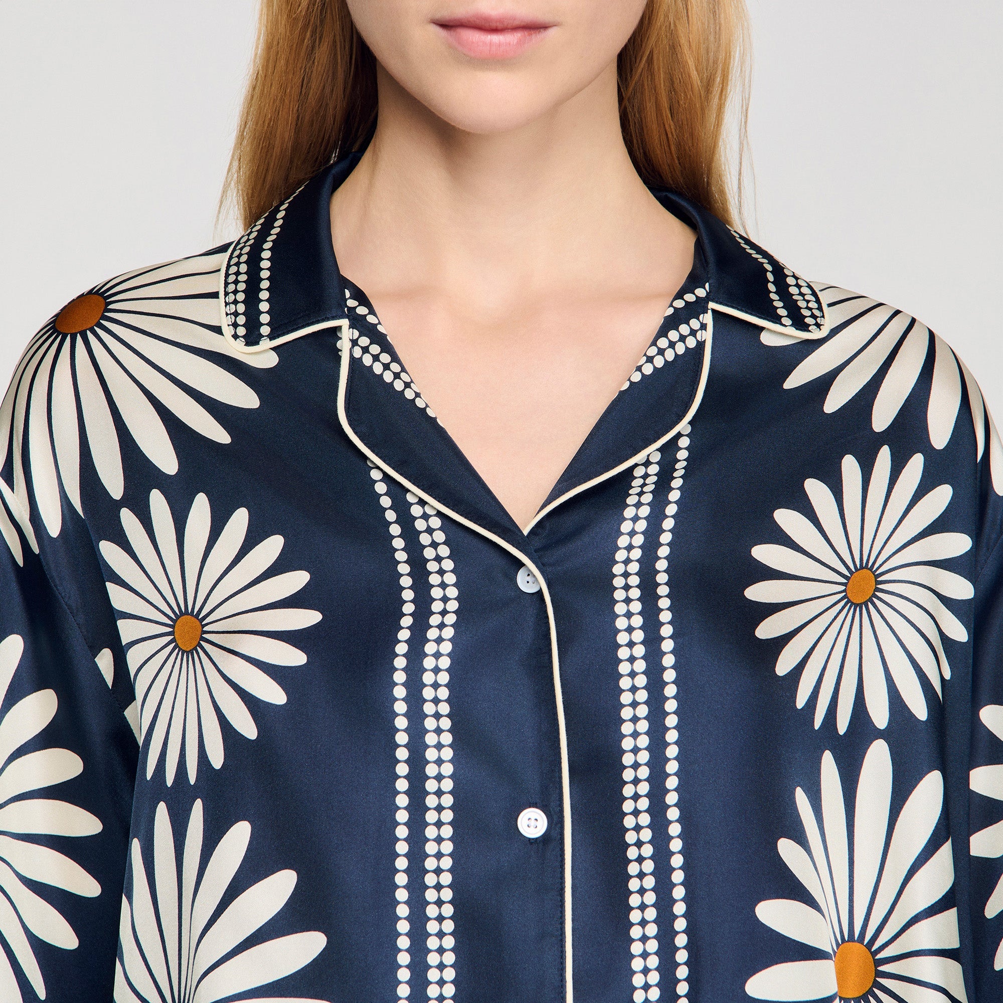 Dahlia Floral Print Silk Shirt Deep Blue / Ocher - Image 3