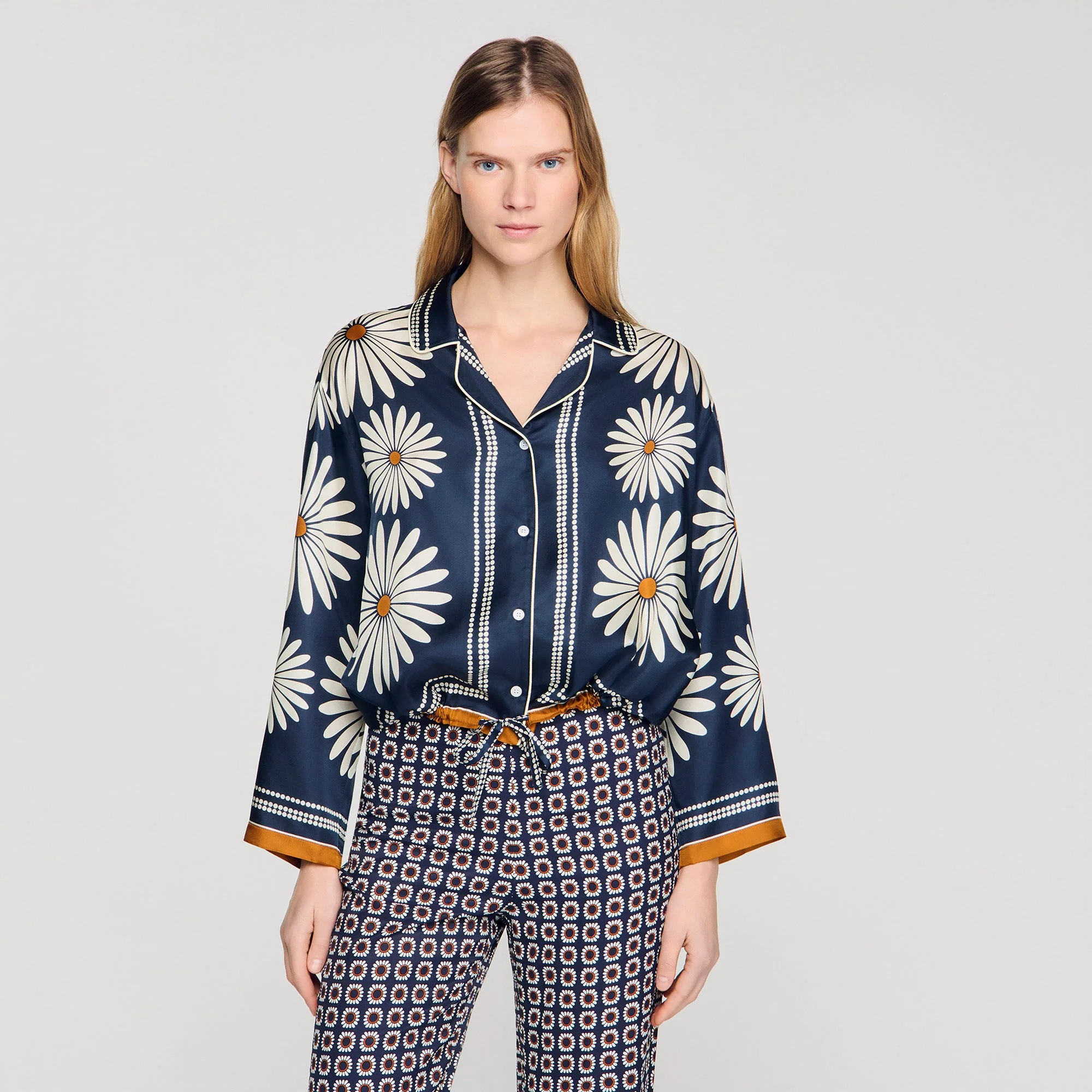 Dahlia Floral Print Silk Shirt Deep Blue / Ocher - Image 4
