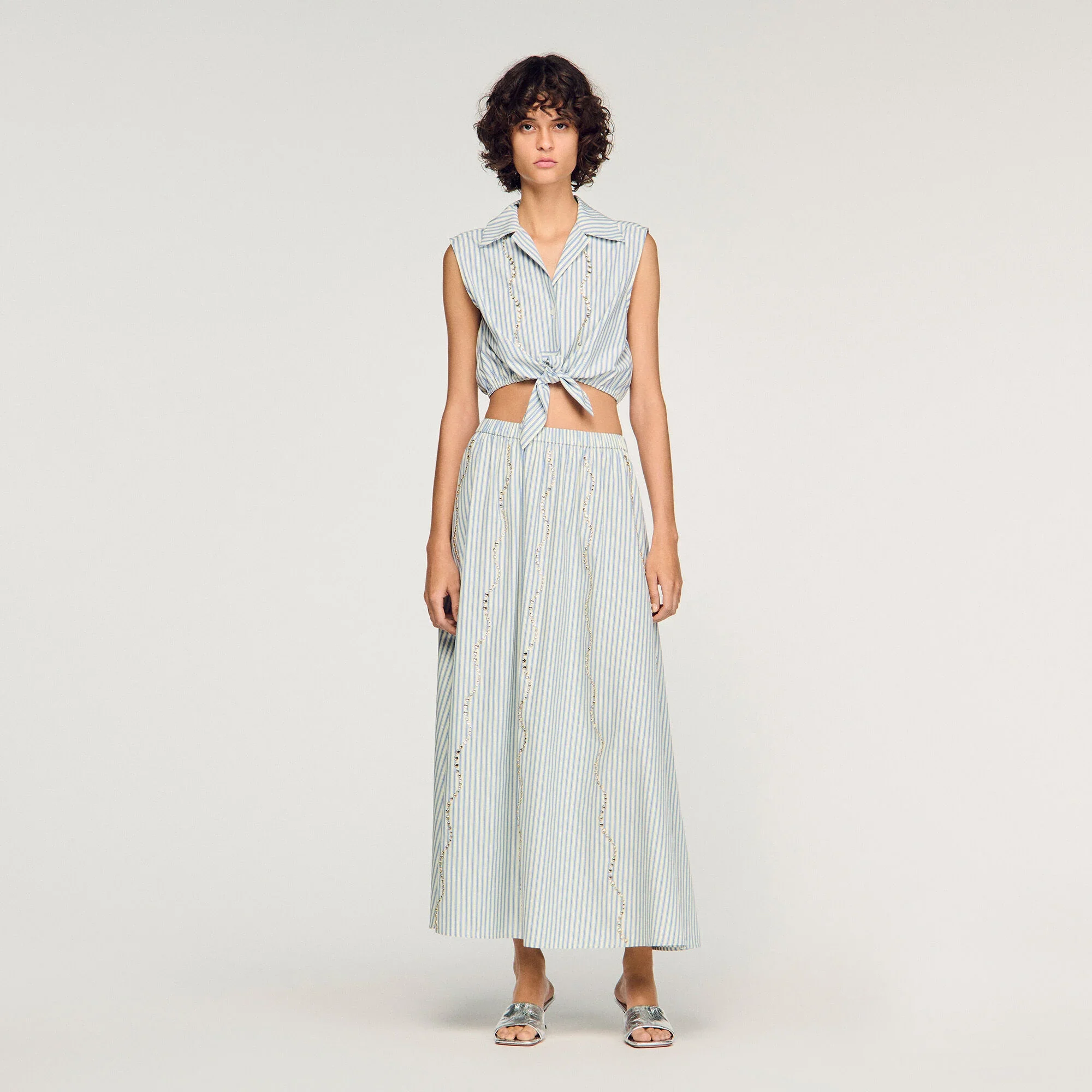 Lucio Cropped Striped Rhinestone Shirt Blue