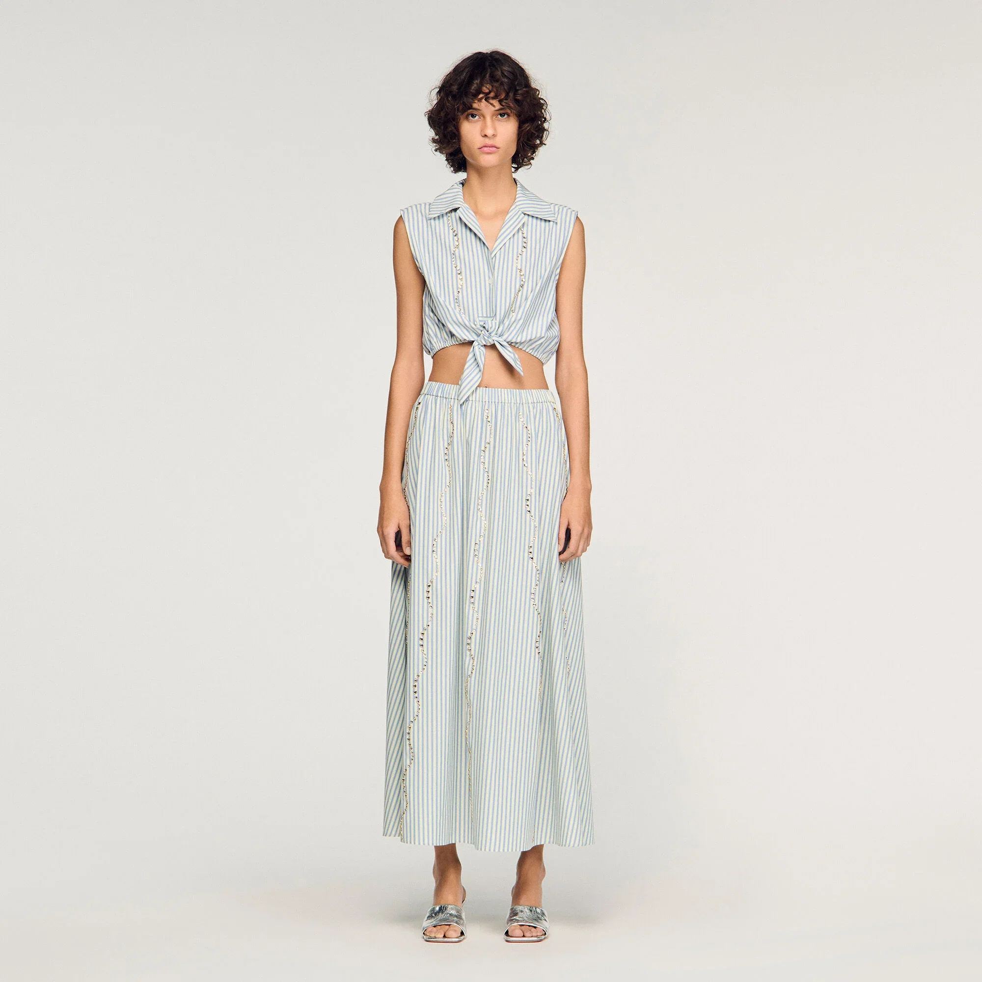 Lucio Cropped Striped Rhinestone Shirt Blue - Image 2