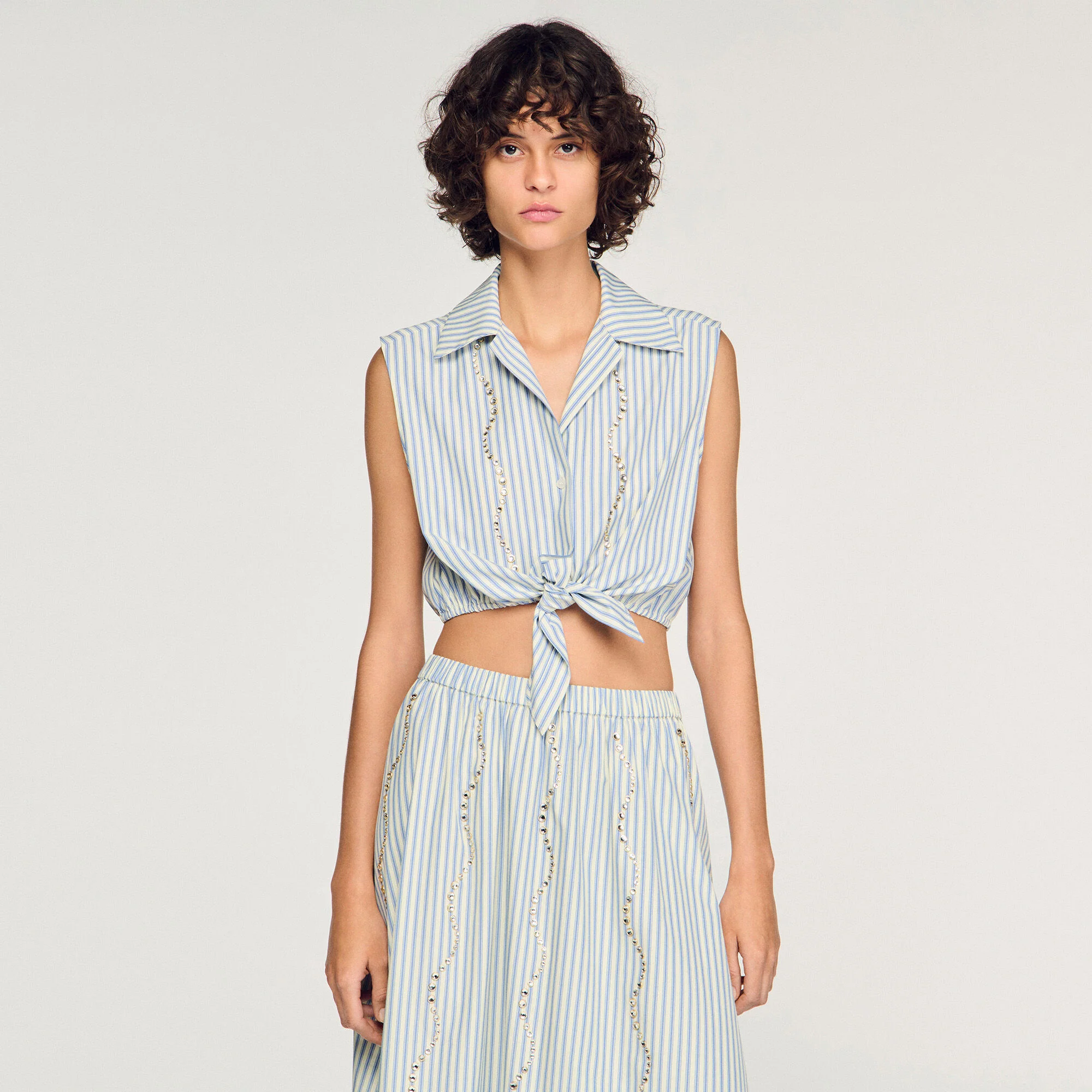 Lucio Cropped Striped Rhinestone Shirt Blue - Image 4