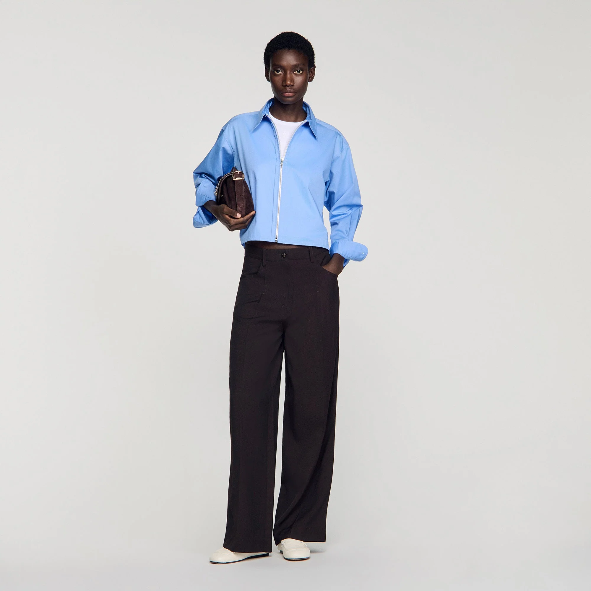Julianna Cropped Logo Zip Cotton Shirt Blue