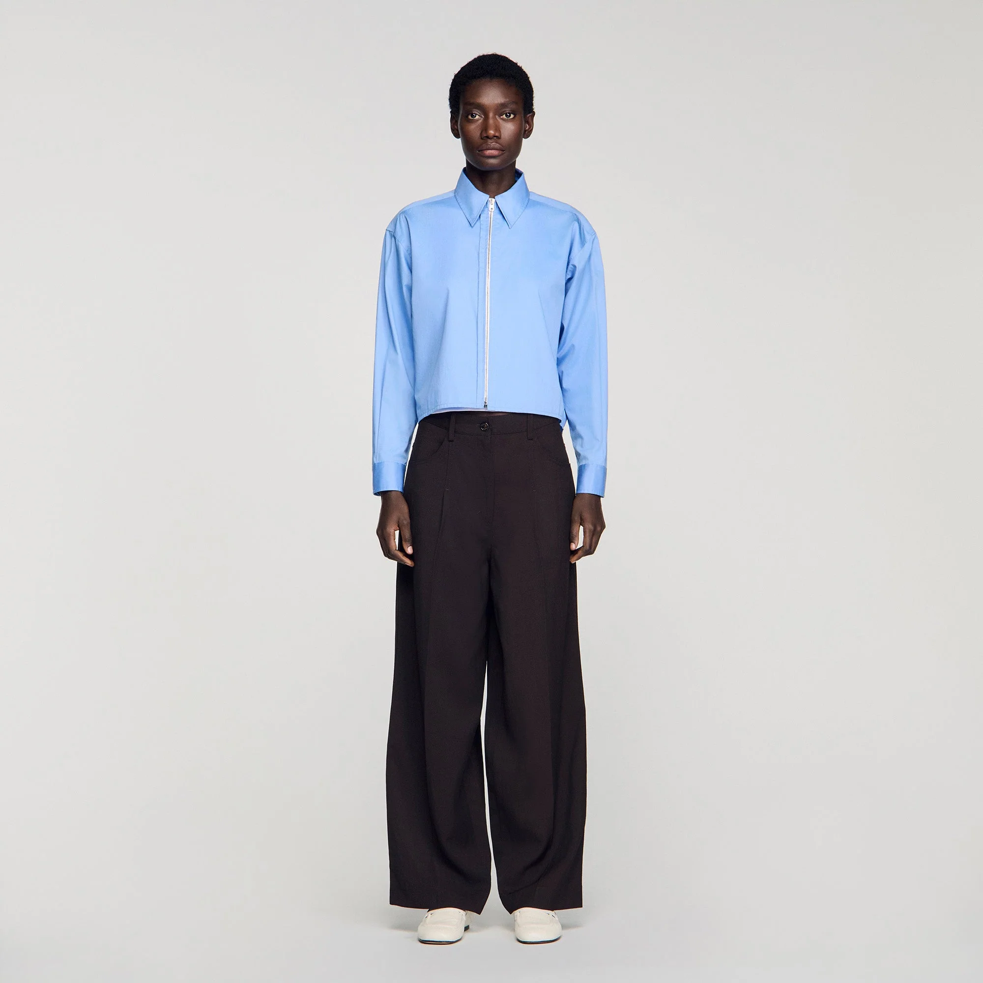 Julianna Cropped Logo Zip Cotton Shirt Blue - Image 2