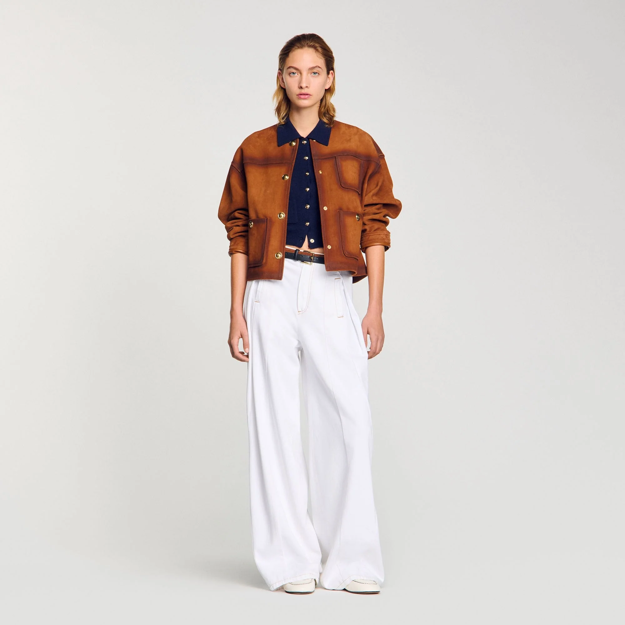 Everly Topstitched Wide-Leg Jeans White