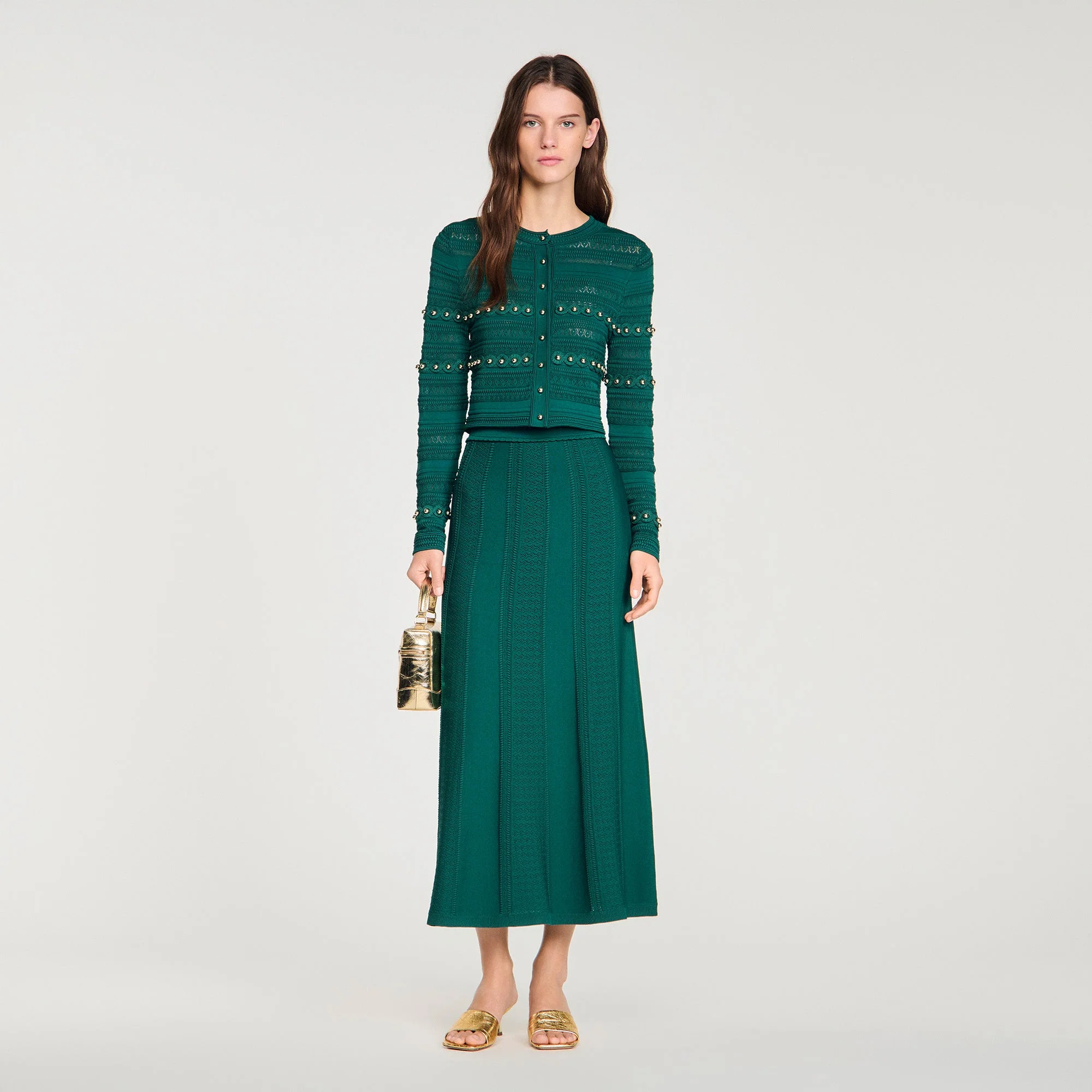 Vanea Beaded Textured Knit Skirt Dark Green