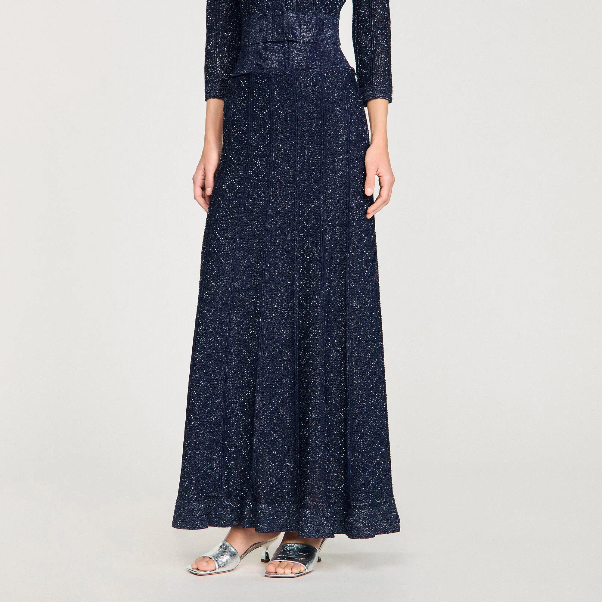 Leslie Rhinestone Knit Maxi Skirt Navy Blue - Image 4