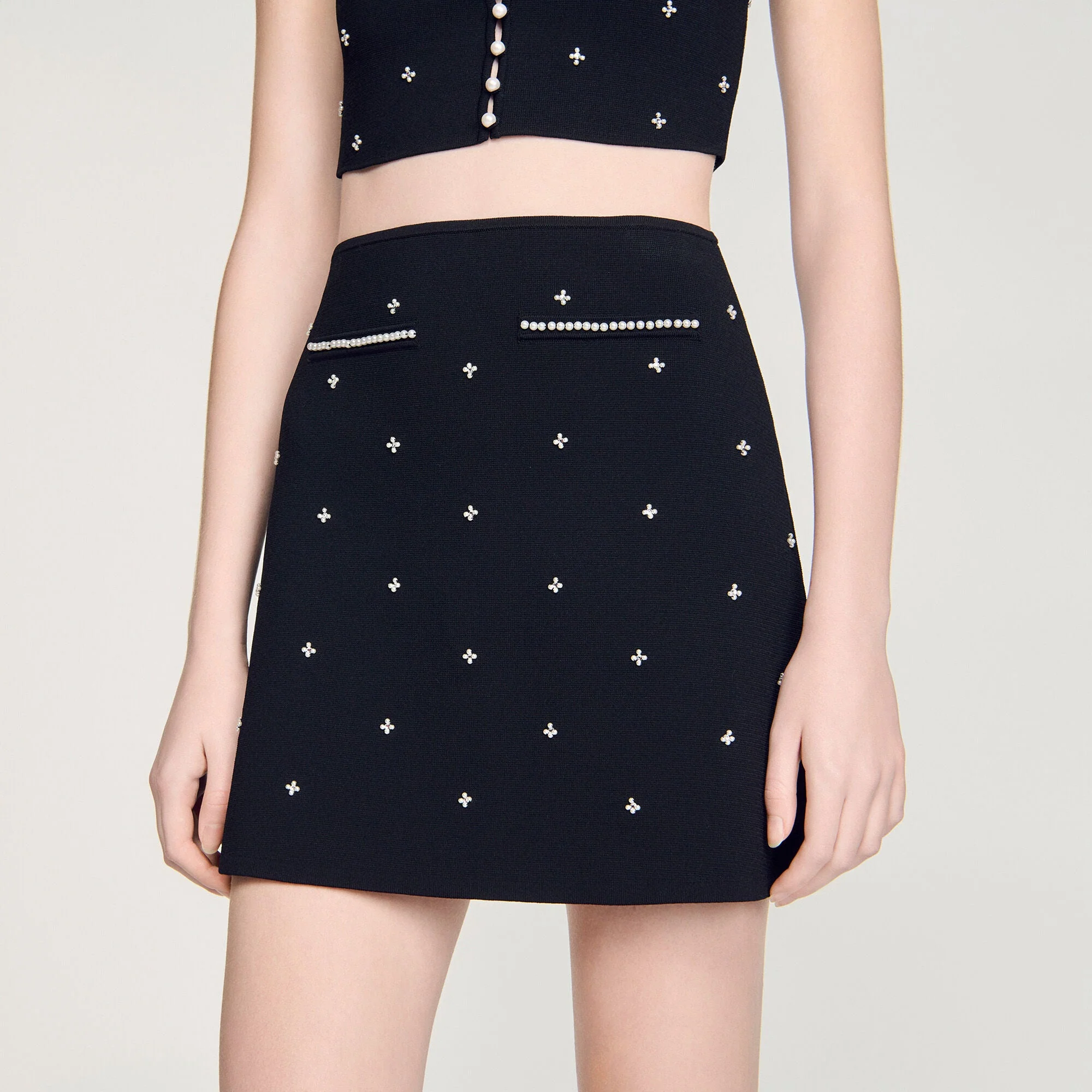 Lydie Rhinestone Embroidered Knit Skirt Black - Image 4