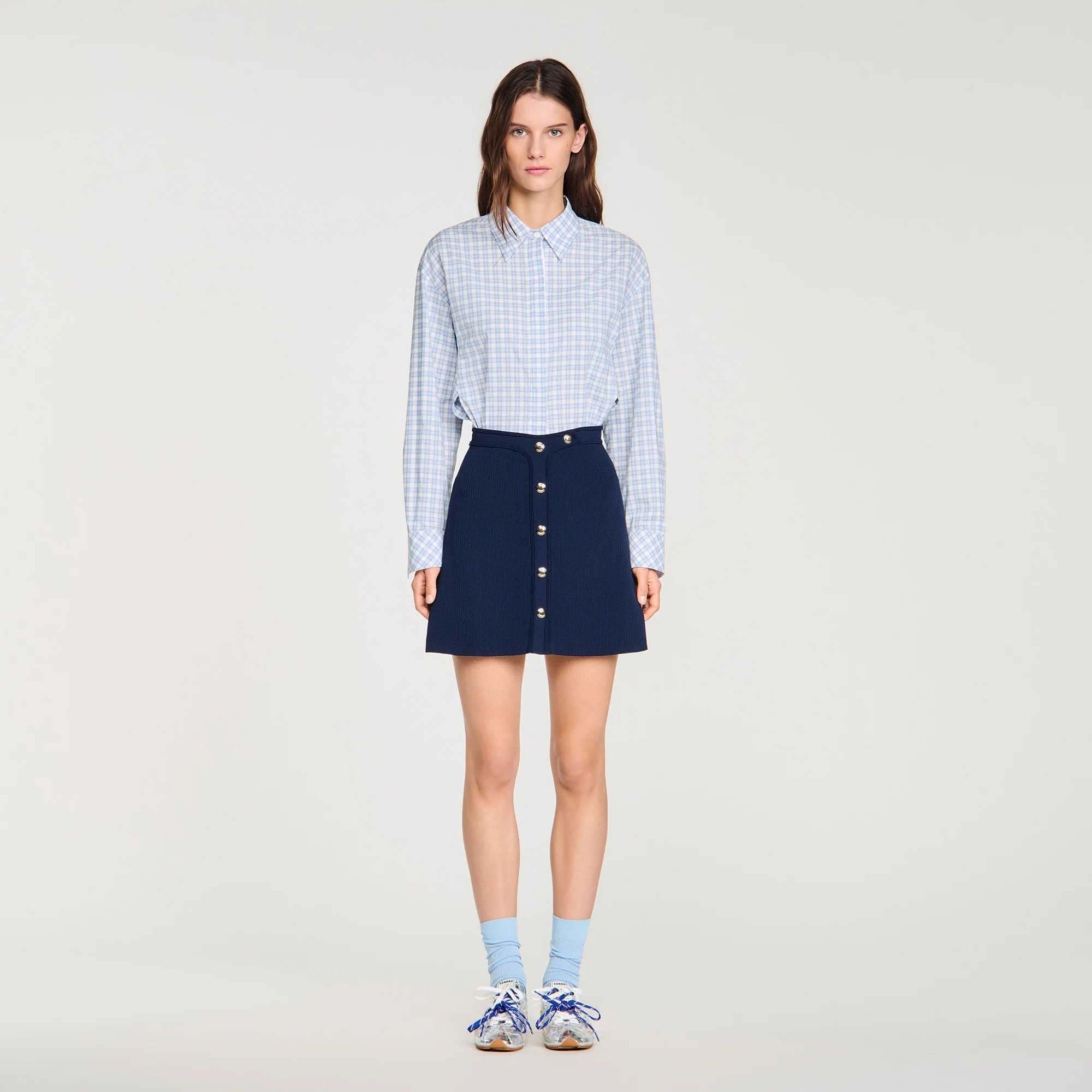 Candice Short Ribbed Skirt With Press Studs Navy Blue - Image 2