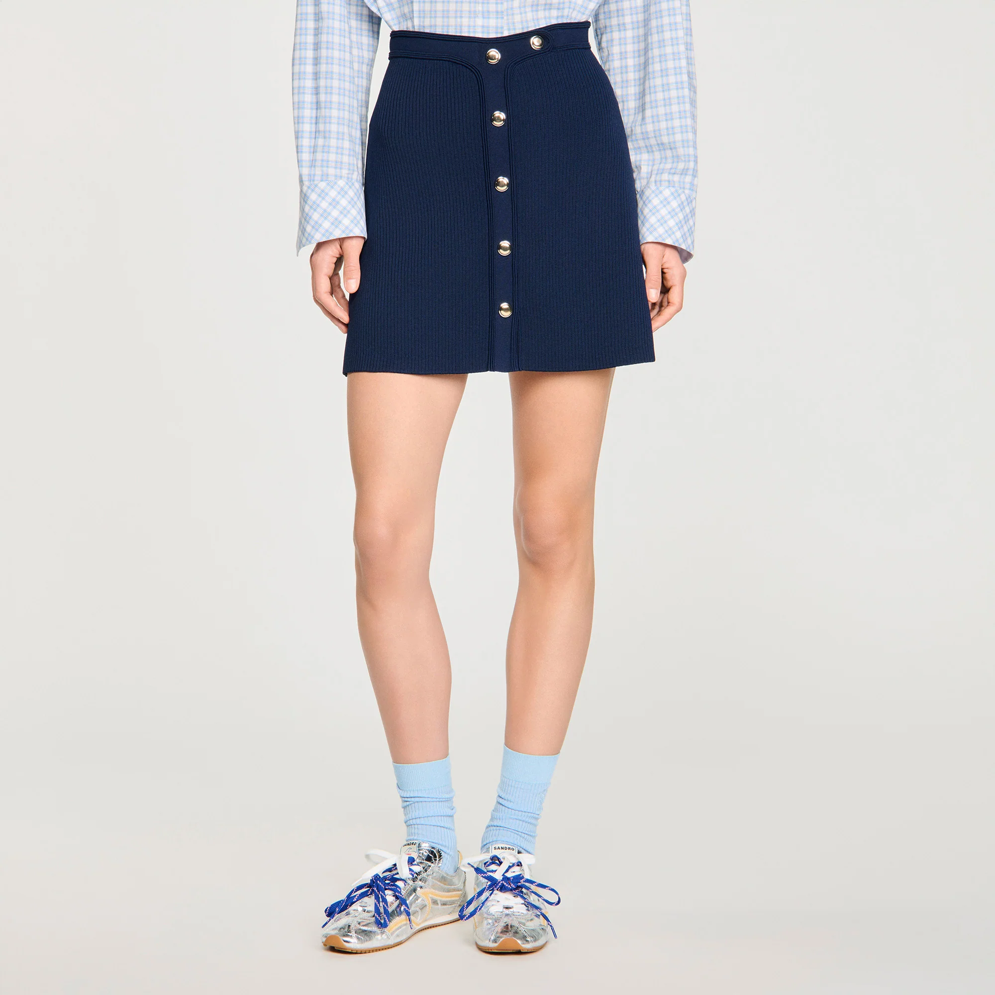 Candice Short Ribbed Skirt With Press Studs Navy Blue - Image 4