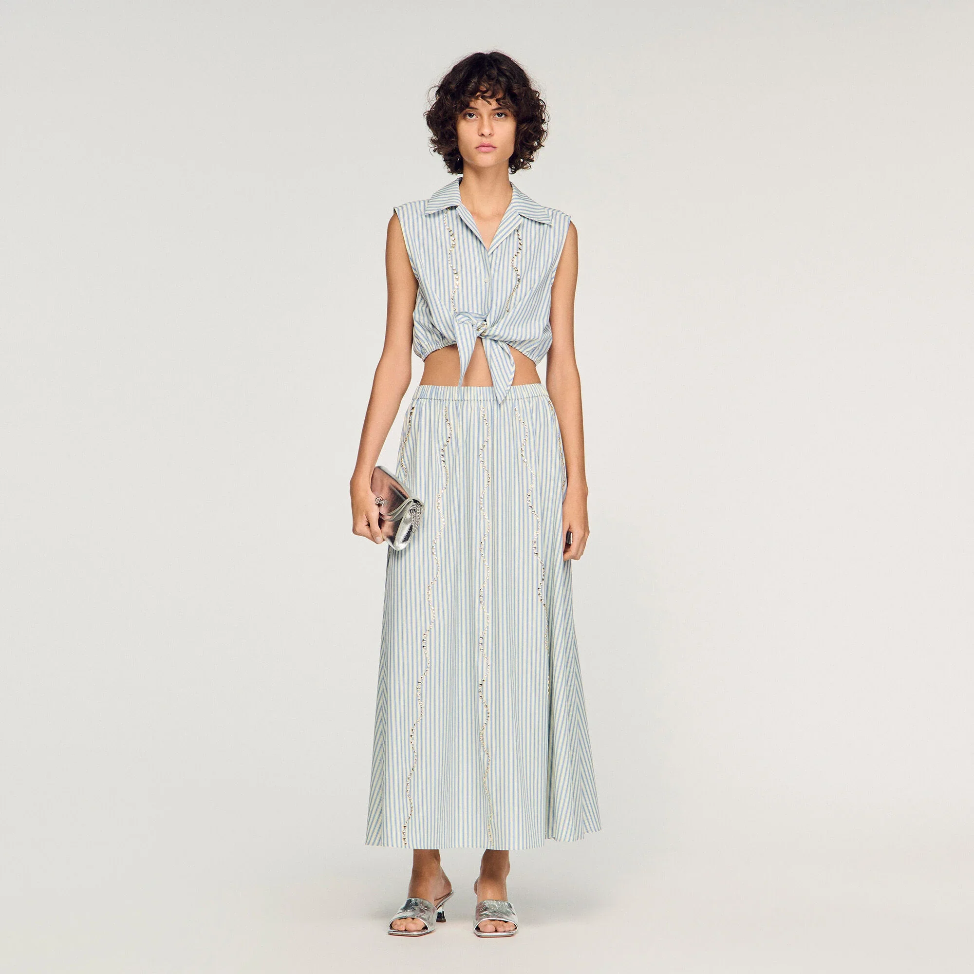 Lucia Rhinestone Striped Long Skirt Blue