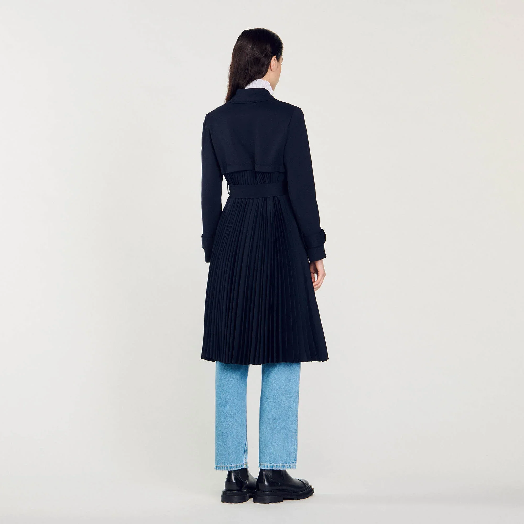 Navy Trench Coat With Pleated Inset Navy Blue - Image 5