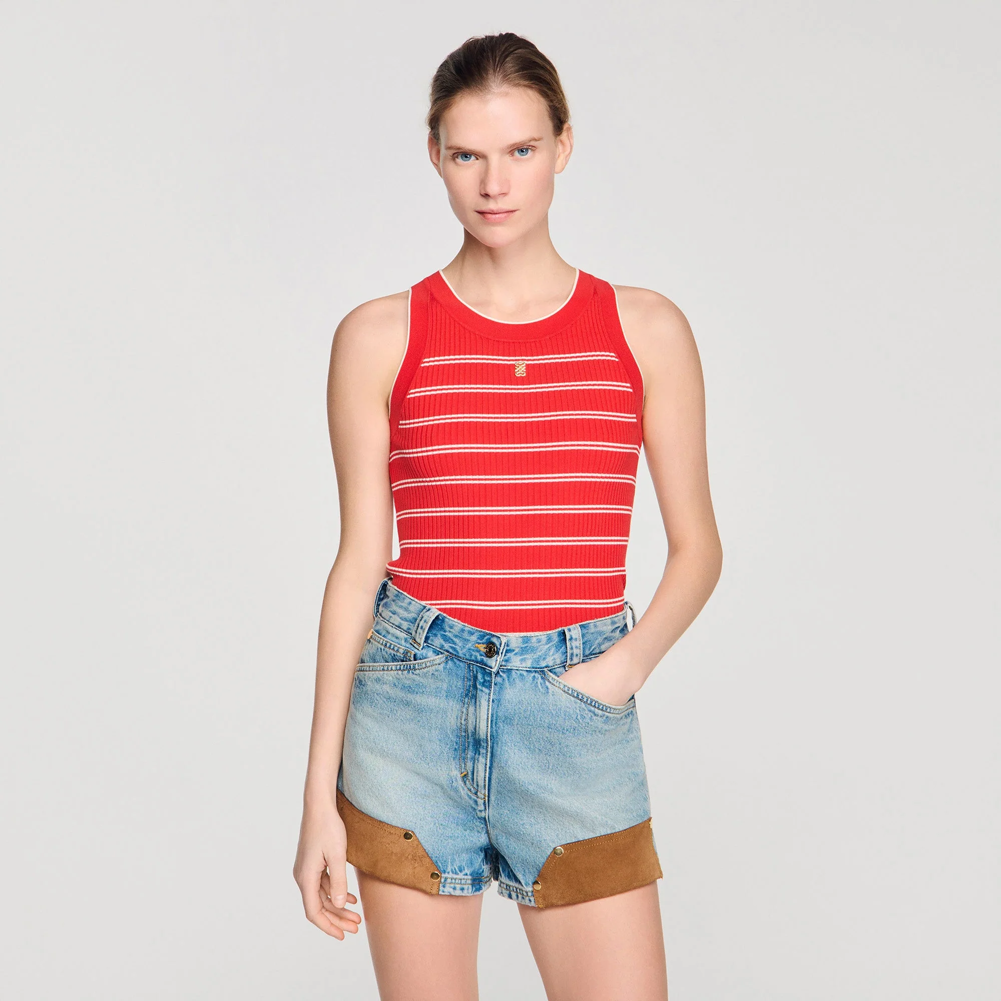 Poema Striped Ribbed Vest Top Red - Image 5